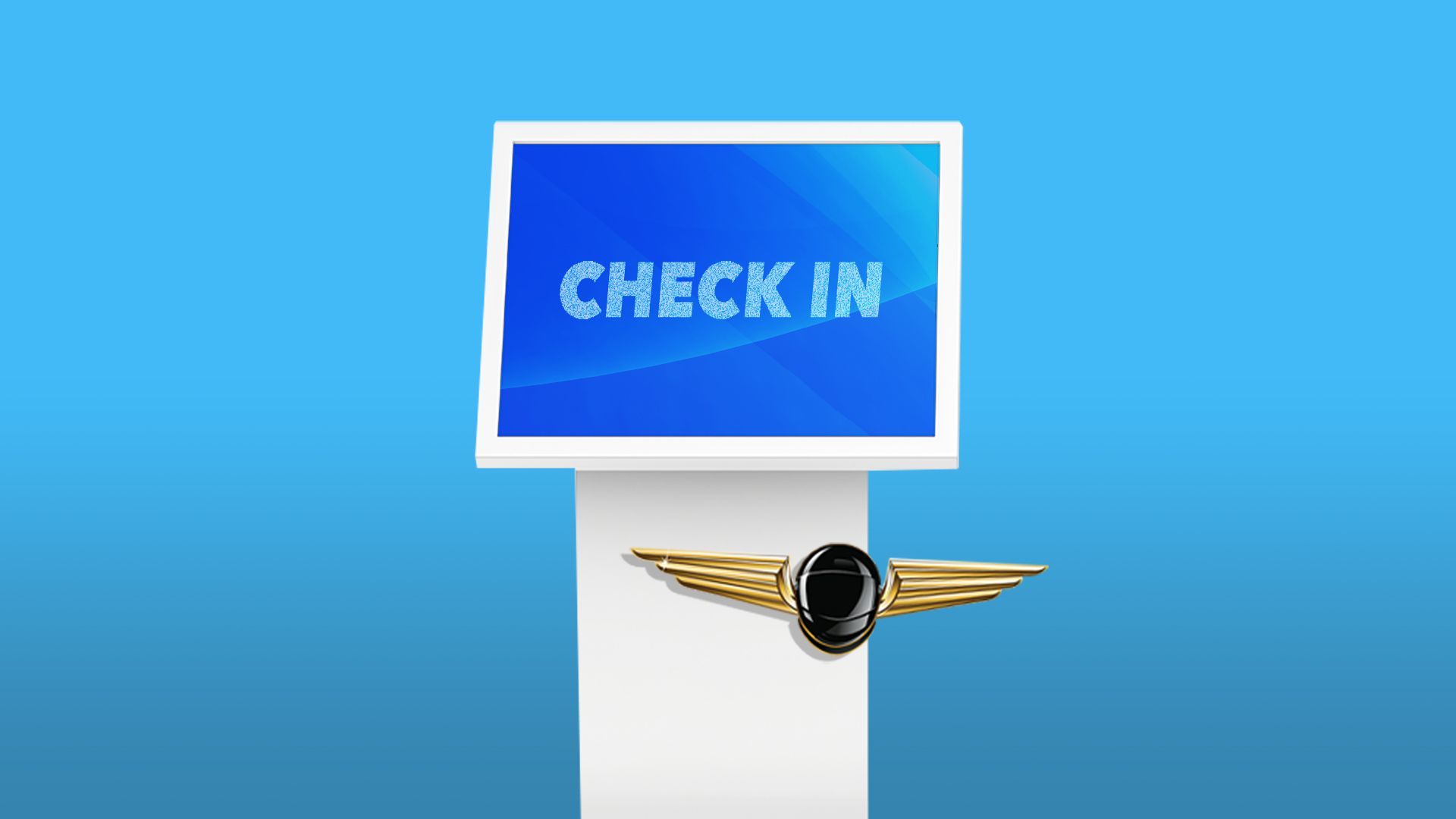 Illustration of an airline check-in kiosk with a wings pin