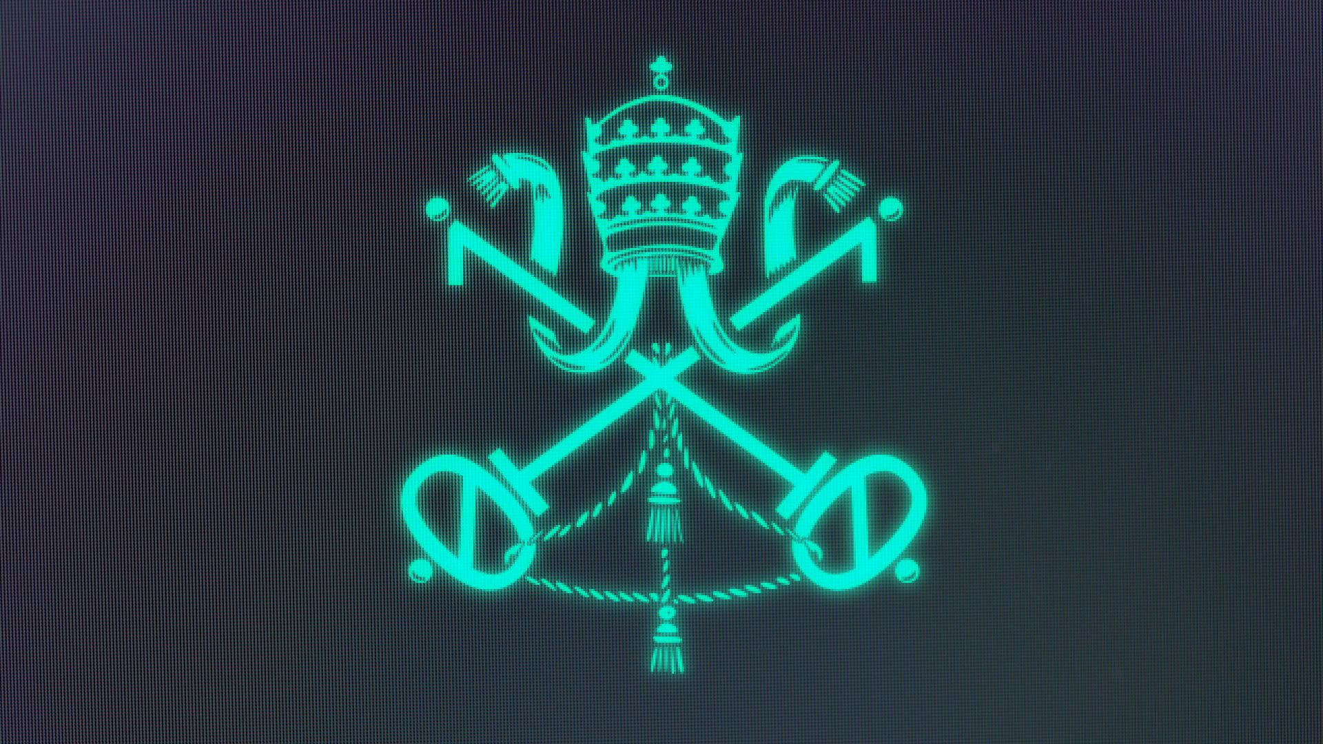 Illustration of the Holy See seal, with the keys replaced with key shapes made from 0's and 1's. 
