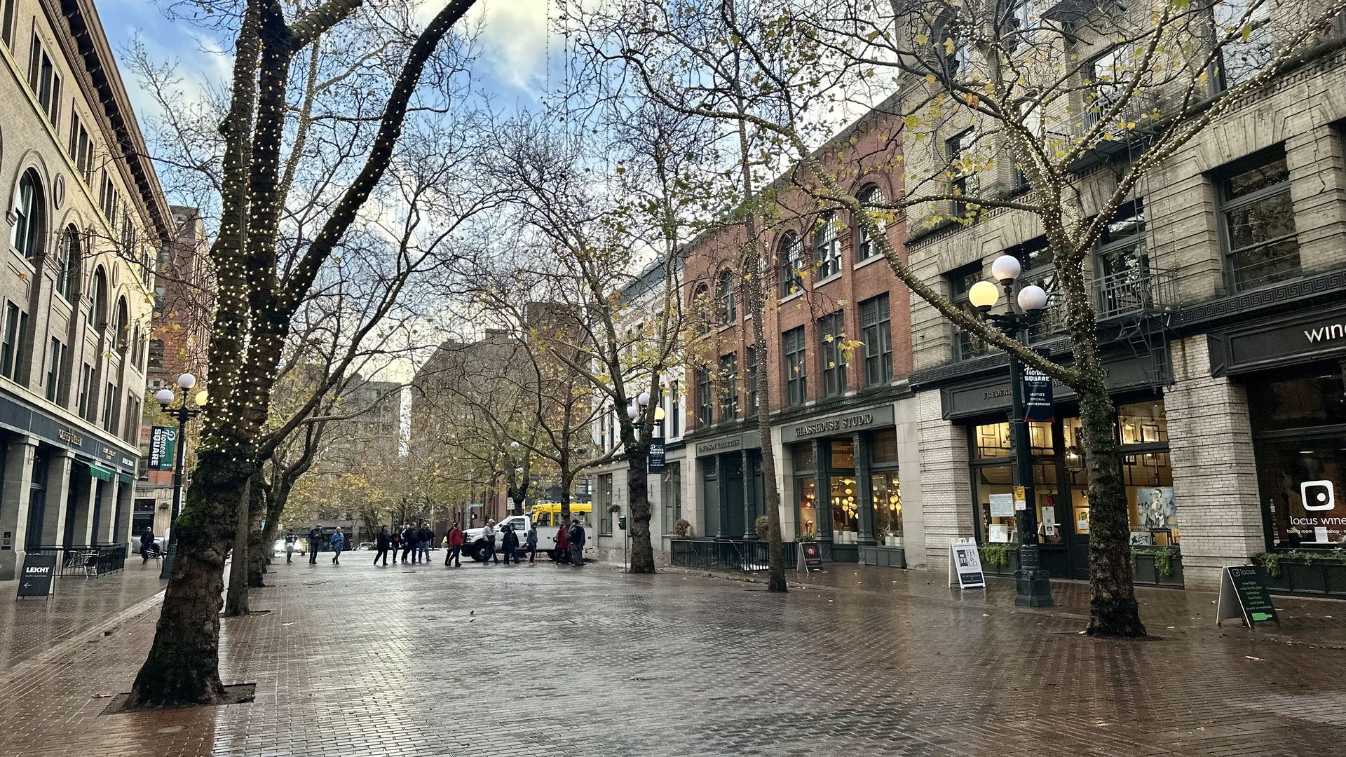 Rain glistens on a red brick square with buildings lining it, with tall, bare trees that have white lights wrapped around them.