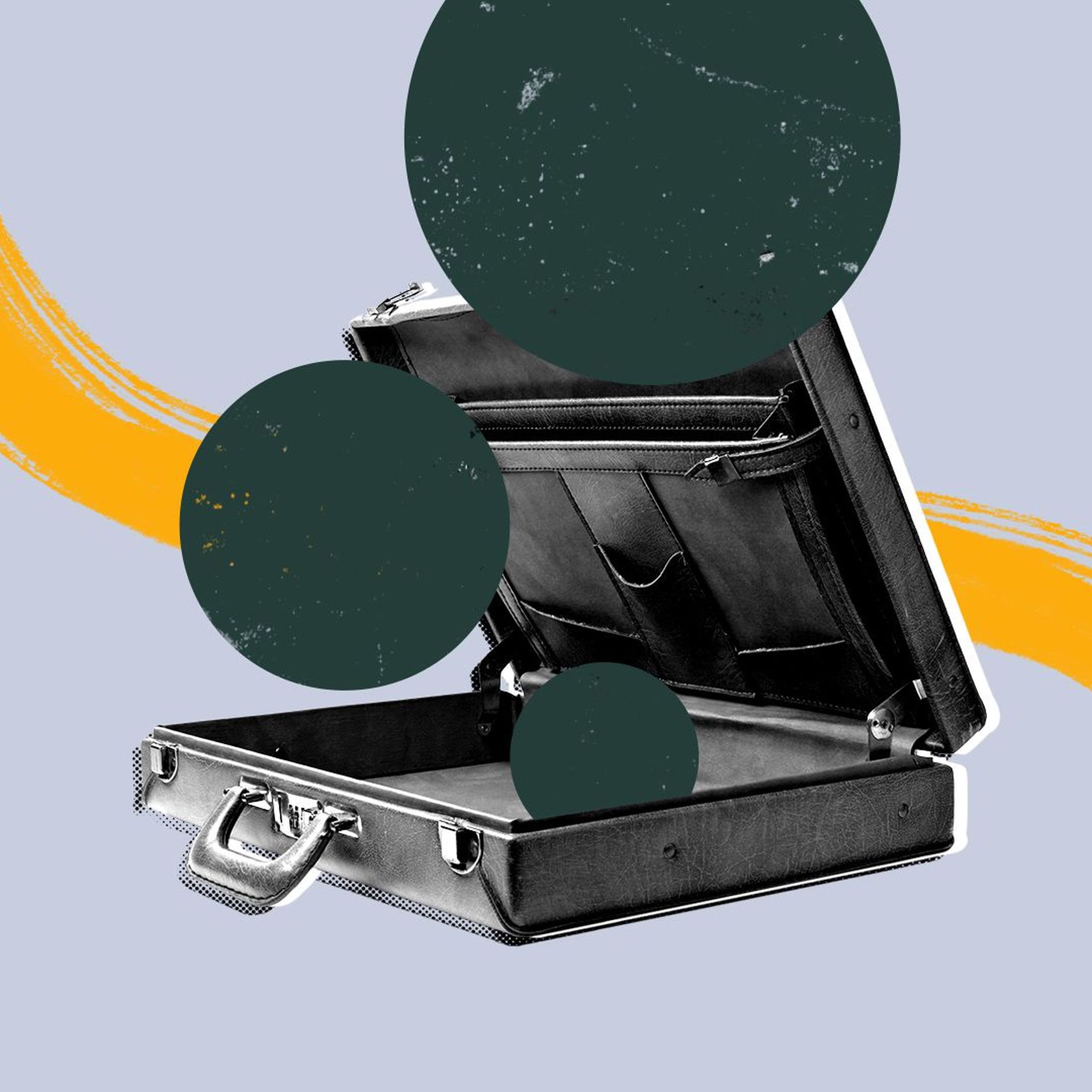 Illusration of an opened briefcase with shapes coming out. 