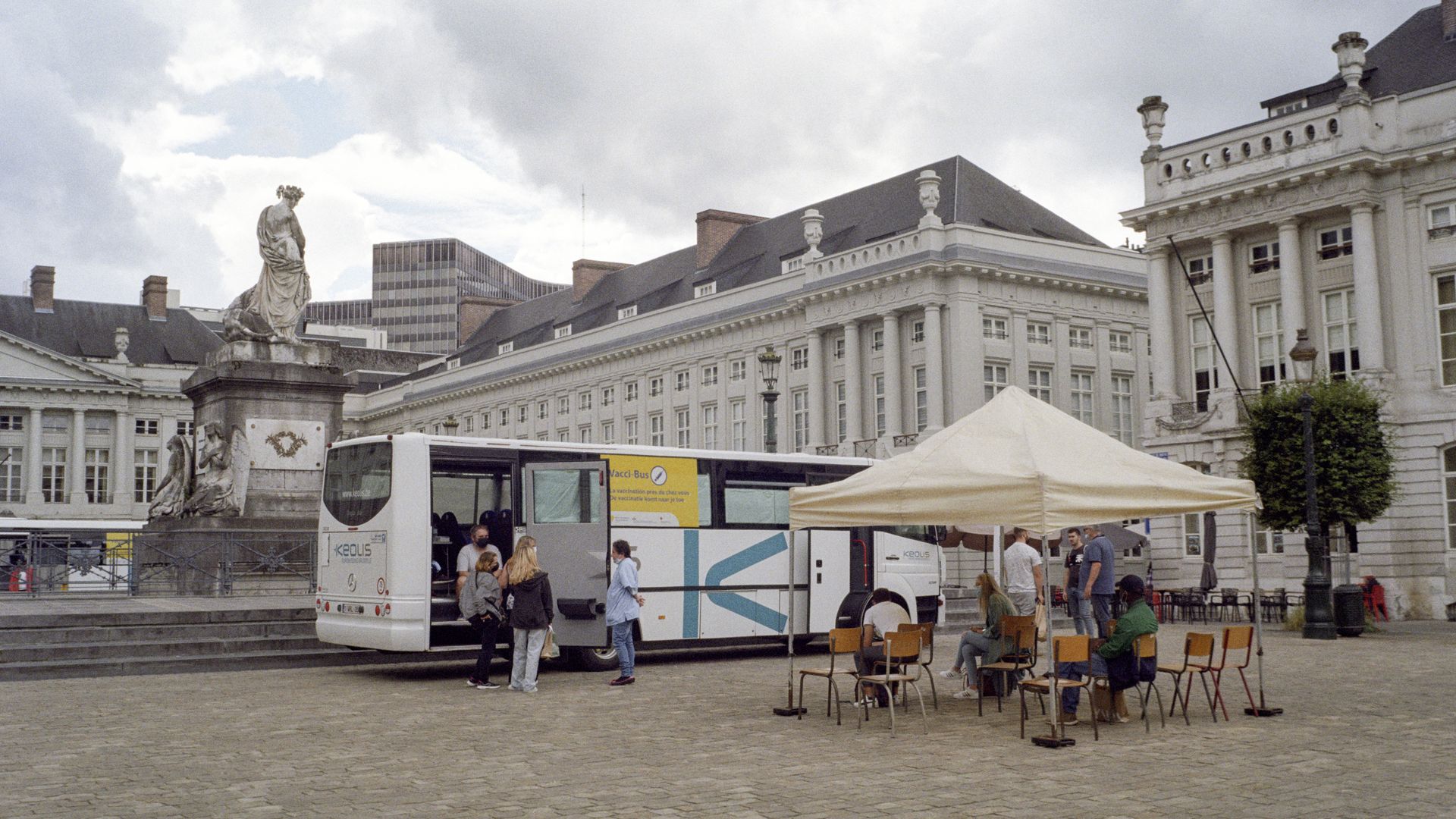 A Vacci-Bus is waiting for citizens on the Place des Martyrs on July 31, 2021 in Brussels, Belgium