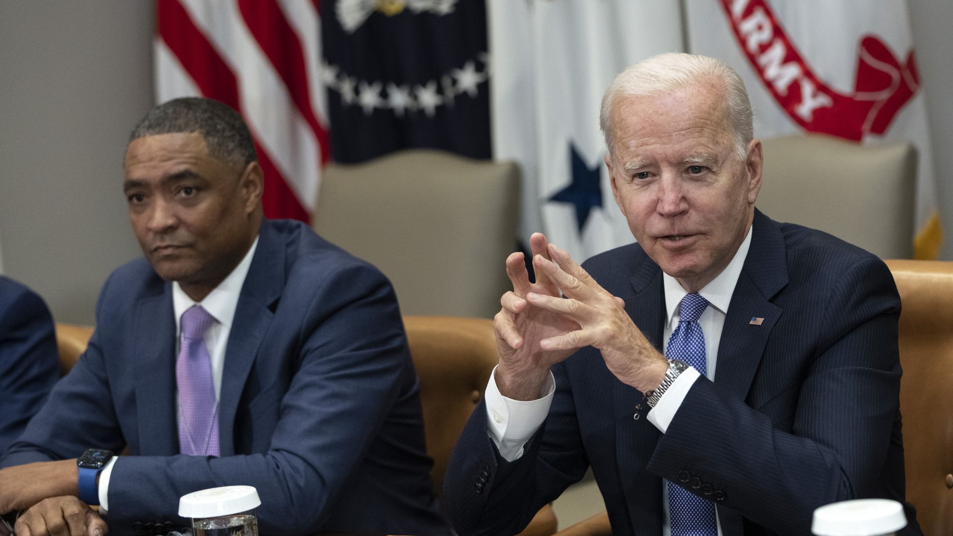 Cedric Richmond and President Biden at a meeting in the Roosevelt Room of the White House on July 22, 2021.