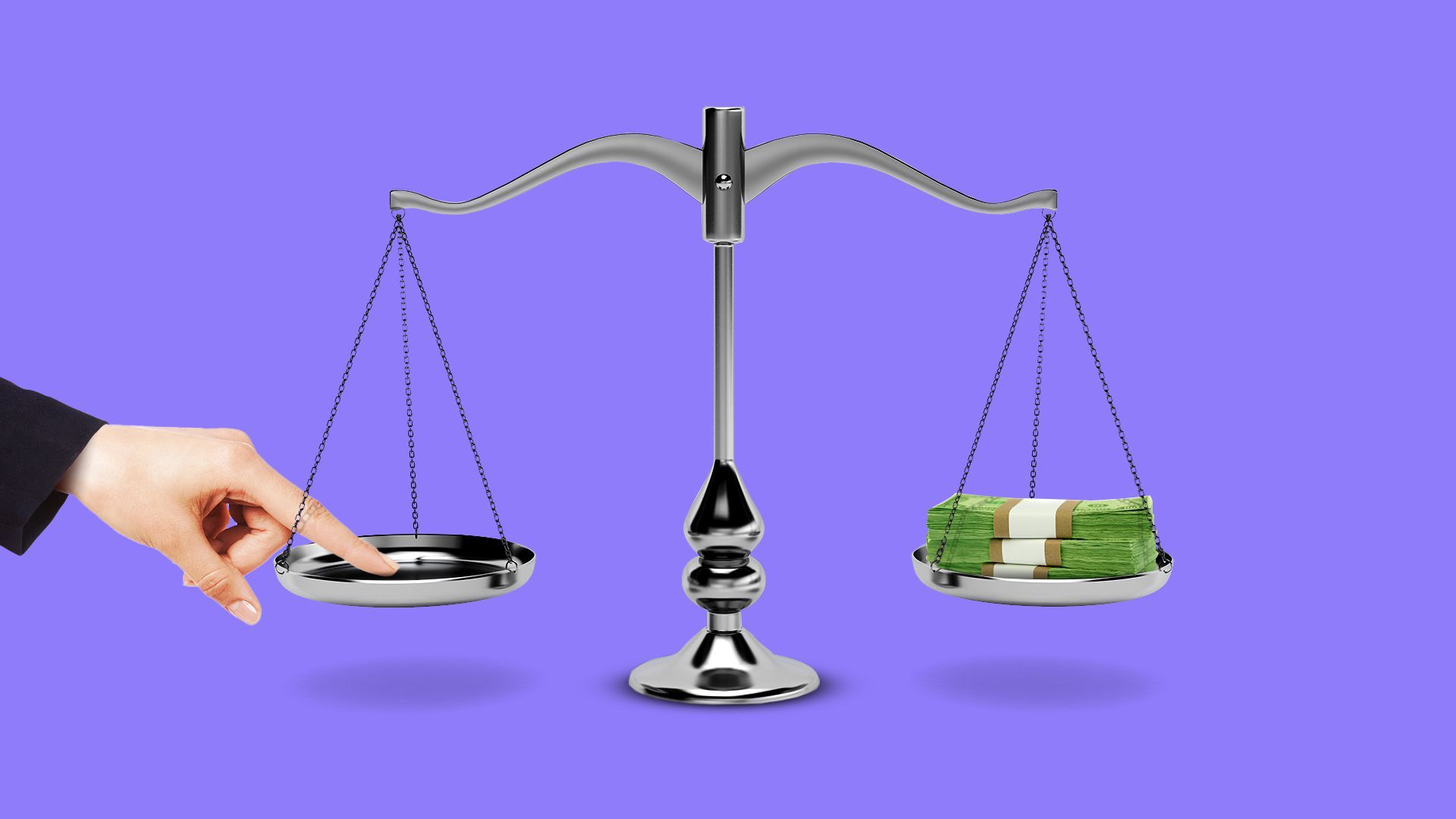Illustration of a hand equalizing a scale with money on the opposite side.   