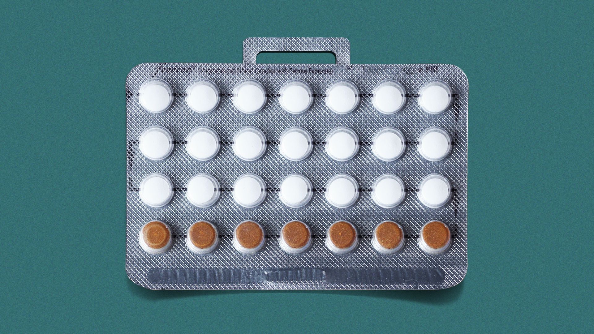 Illustration of a contraceptive pill packet shaped like a briefcase.