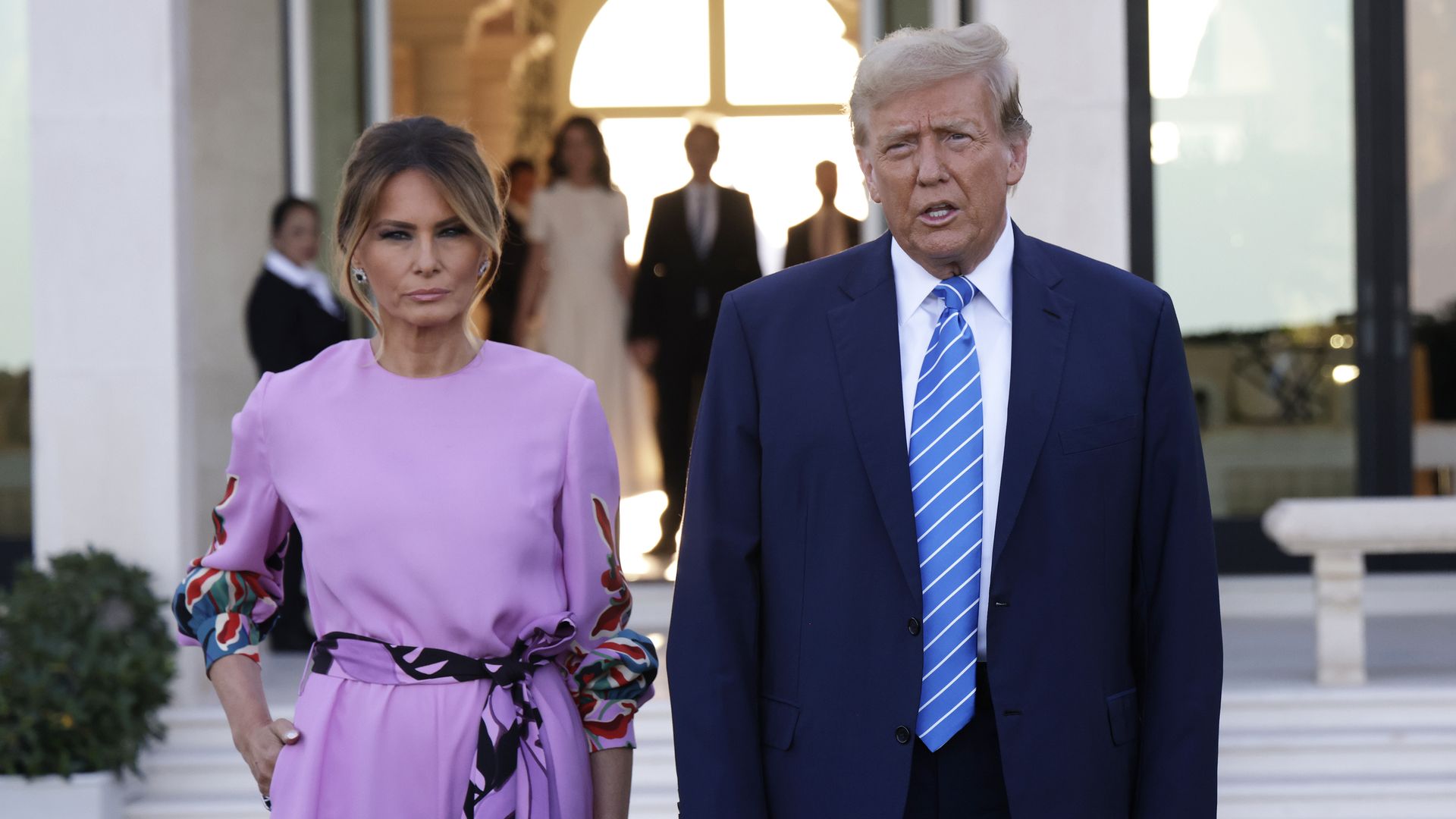 Donald Trump, arrives at the home of billionaire investor John Paulson, with former first lady Melania Trump, on April 6, 2024 in Palm Beach, Florida.