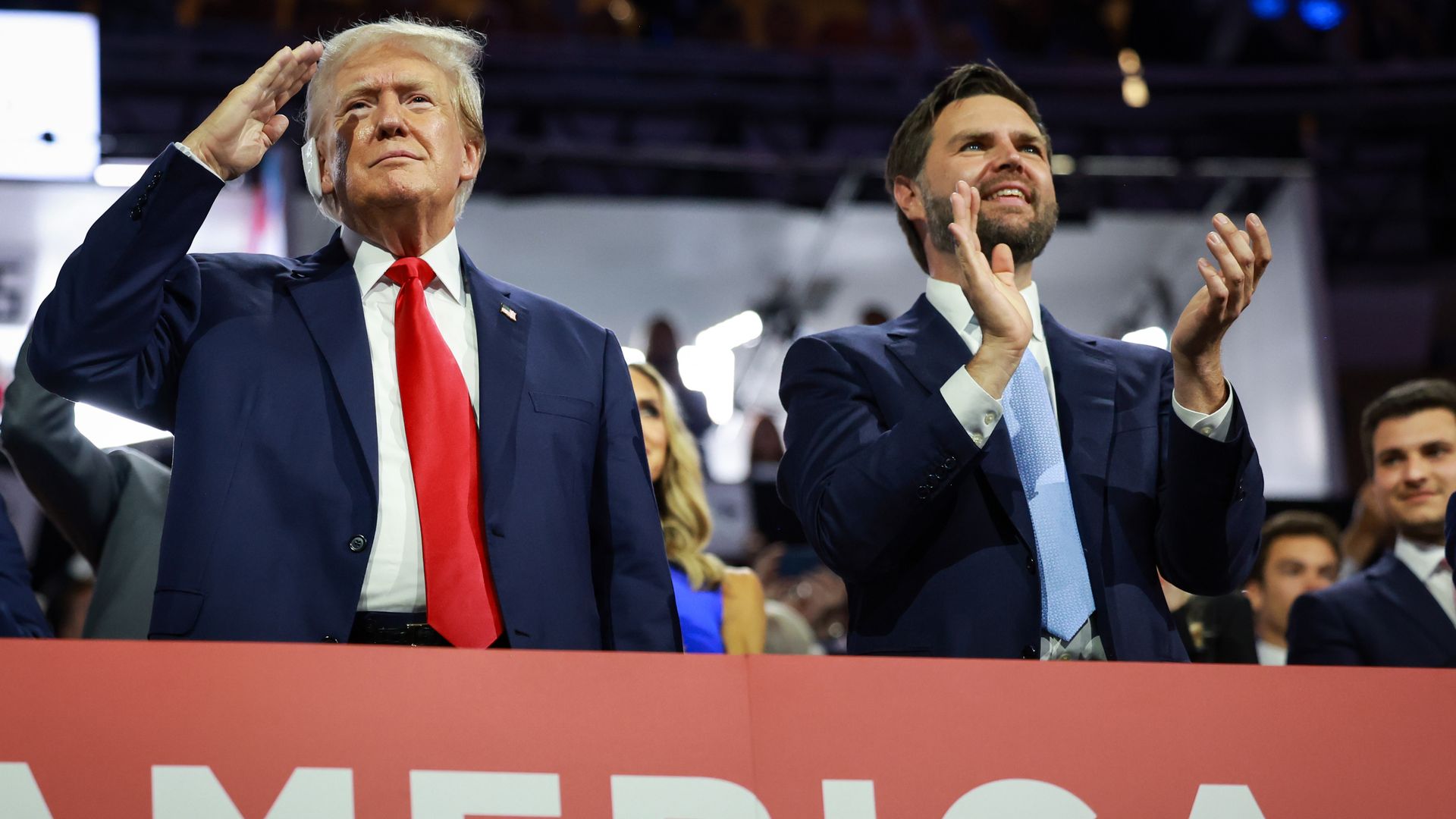 MILWAUKEE, WISCONSIN - JULY 15: Republican presidential candidate, former U.S. President Donald Trump (L) and Republican vice presidential candidate, U.S. Sen. J.D. Vance (R-OH) appear on the first day of the Republican National Convention at the Fiserv Forum on July 15, 2024 in Milwaukee, Wisconsin