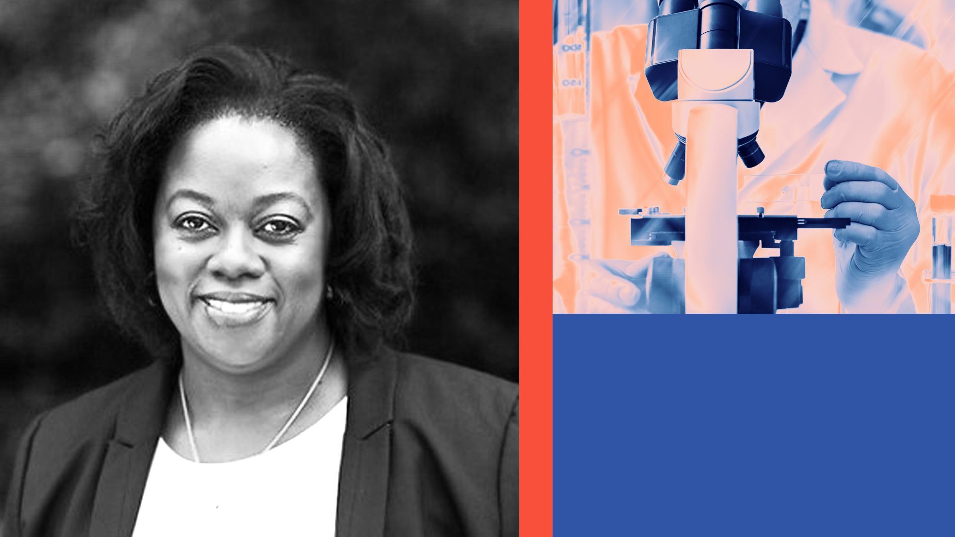 Photo illustration of Merck chief communications officer Cristal Downing next to an image of a scientist looking into a microscope and blocks of color