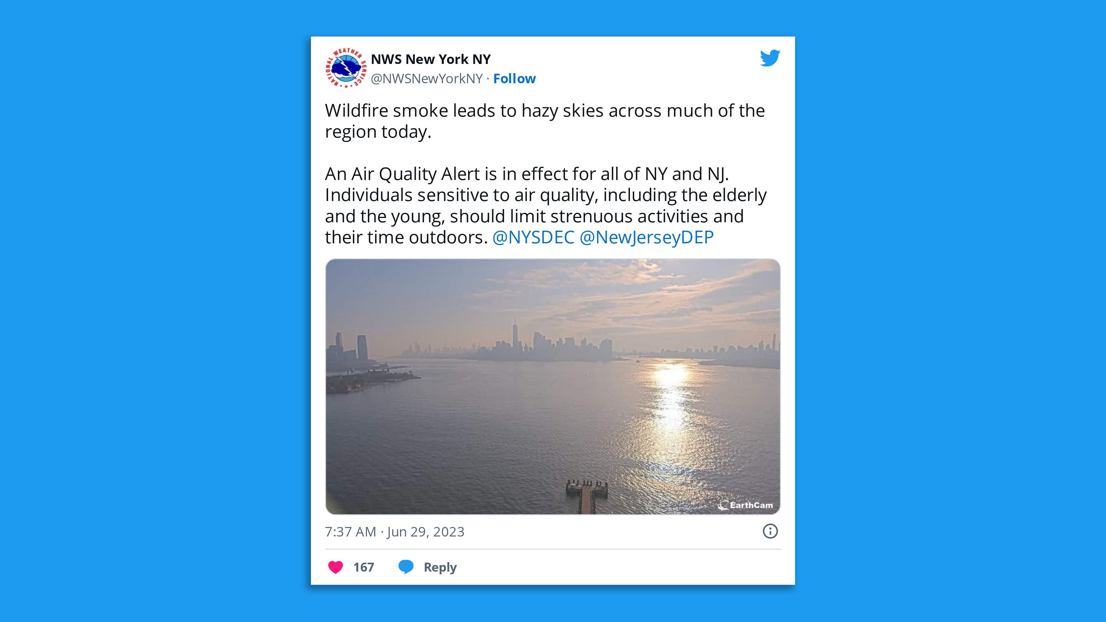 A screenshot of an NWS tweet, saying: "Wildfire smoke leads to hazy skies across much of the region today.  An Air Quality Alert is in effect for all of NY and NJ. Individuals sensitive to air quality, including the elderly and the young, should limit strenuous activities and their time outdoors."