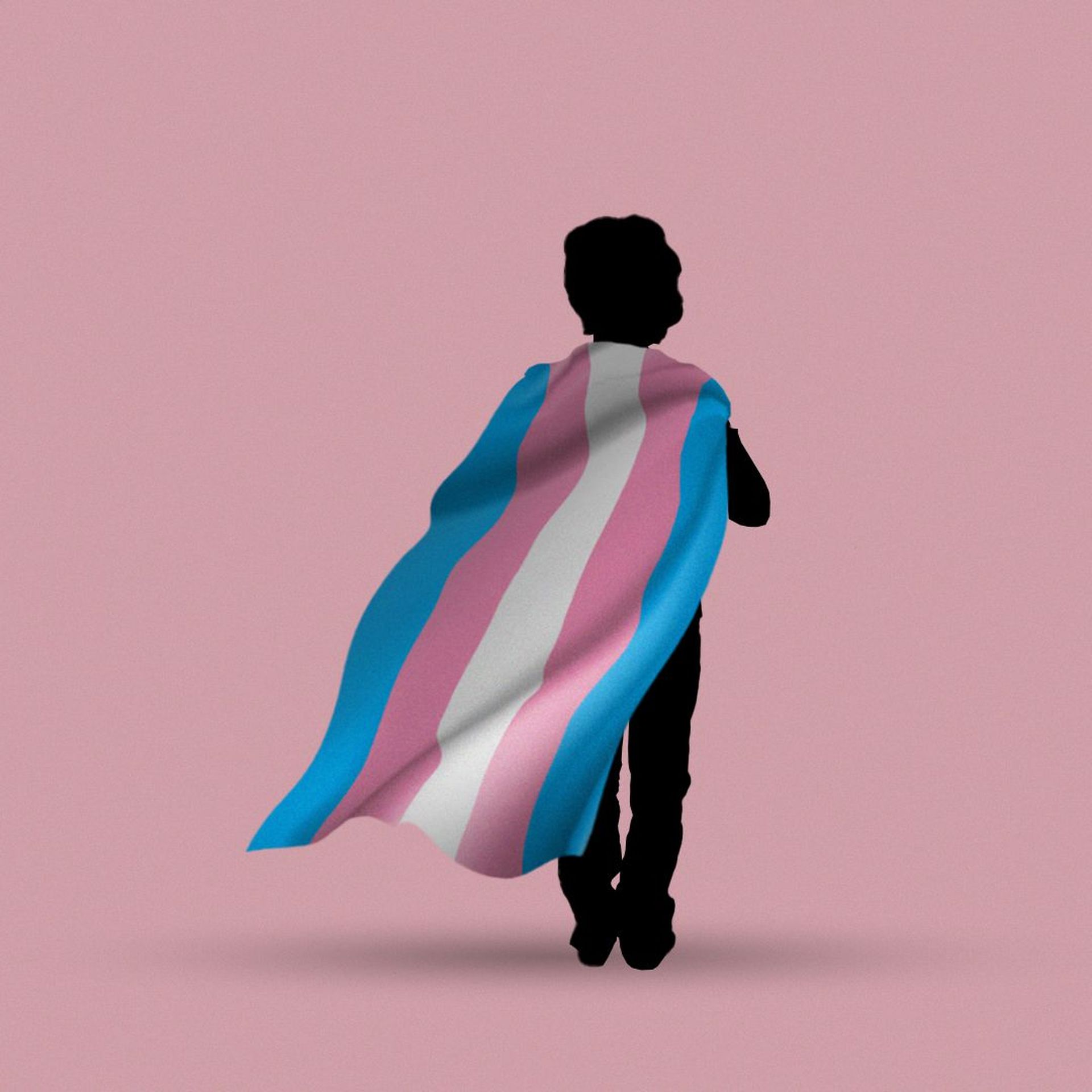 Illustration of a child in silhouette holding a transgender pride flag over their shoulders like a cape
