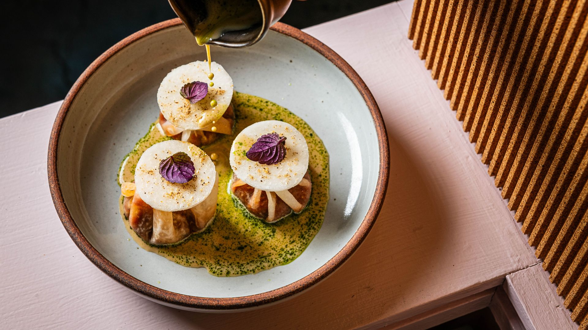 Dumpling-style beggars purses made with kohlrabi at Oyster Oyster