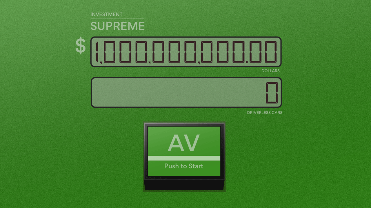 Animated GIF of gas pump pumping billions of dollars into autonomous vehicles