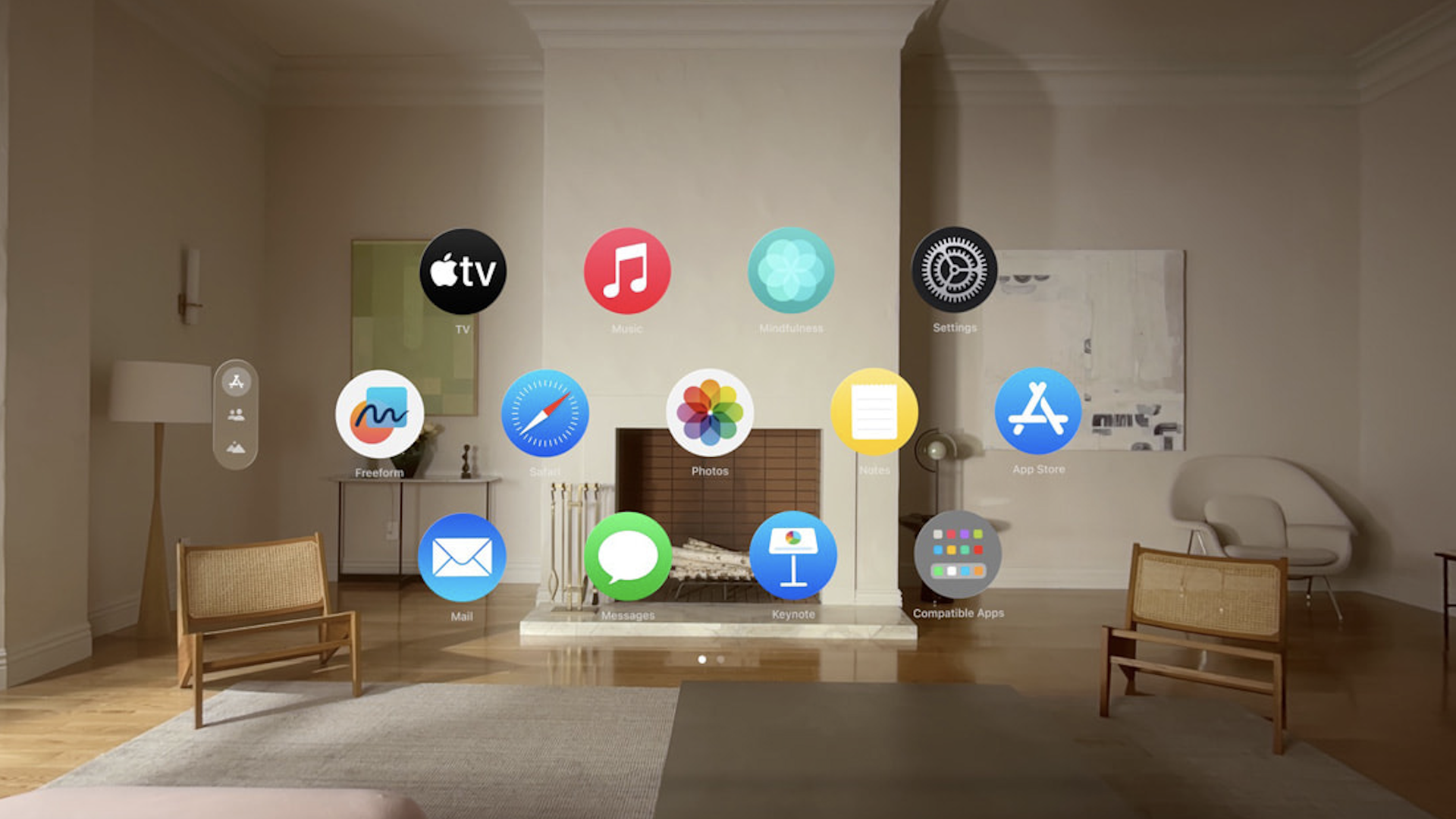 A view from the Vision Pro with a menu of digital icons overlaying pass-through video of a living room,