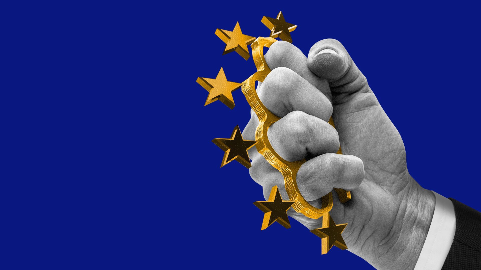 Illustration of a hand with the stars of the EU flag stylized as brass knuckles. 