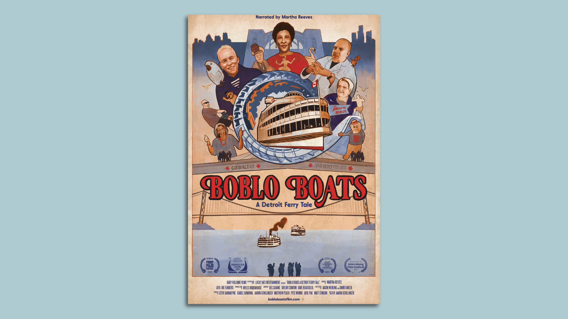 A poster for the documentary is shown, in a vintage style with a boat in the center and characters all around. 