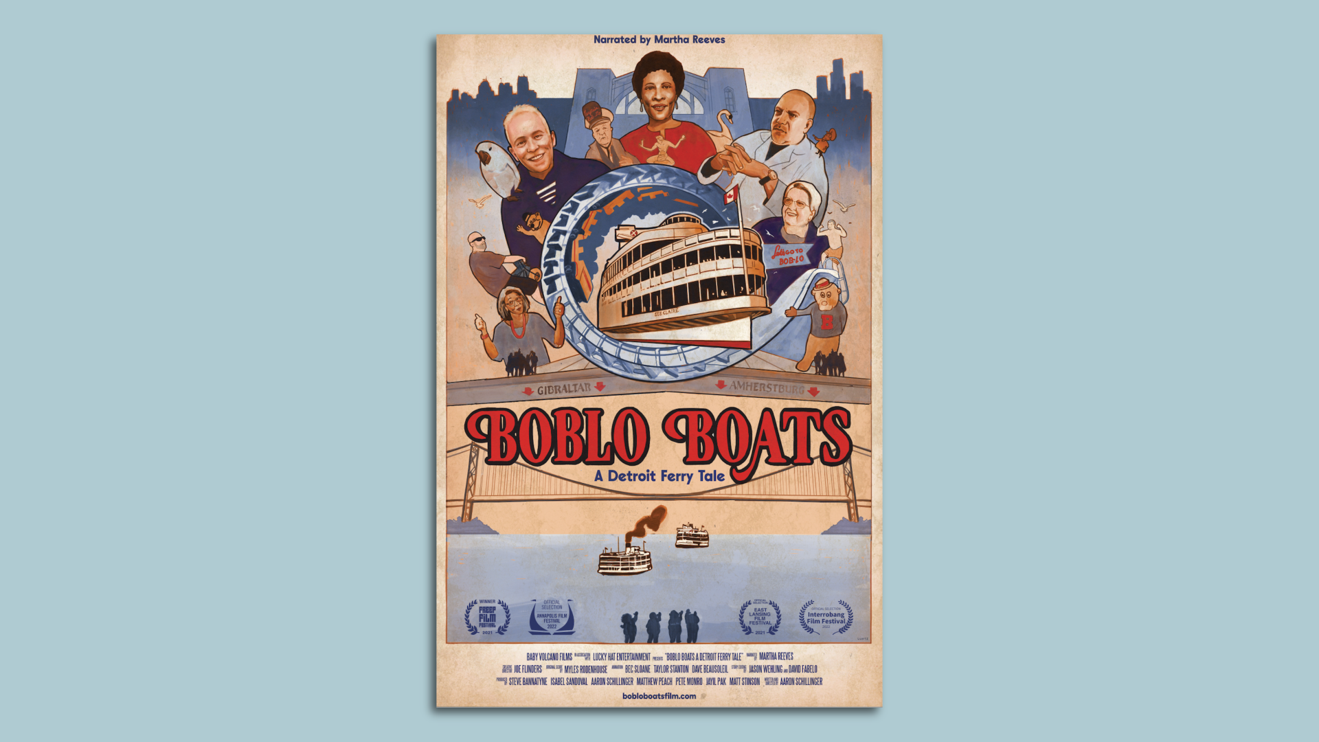 A poster for the documentary is shown, in a vintage style with a boat in the center and characters all around.
