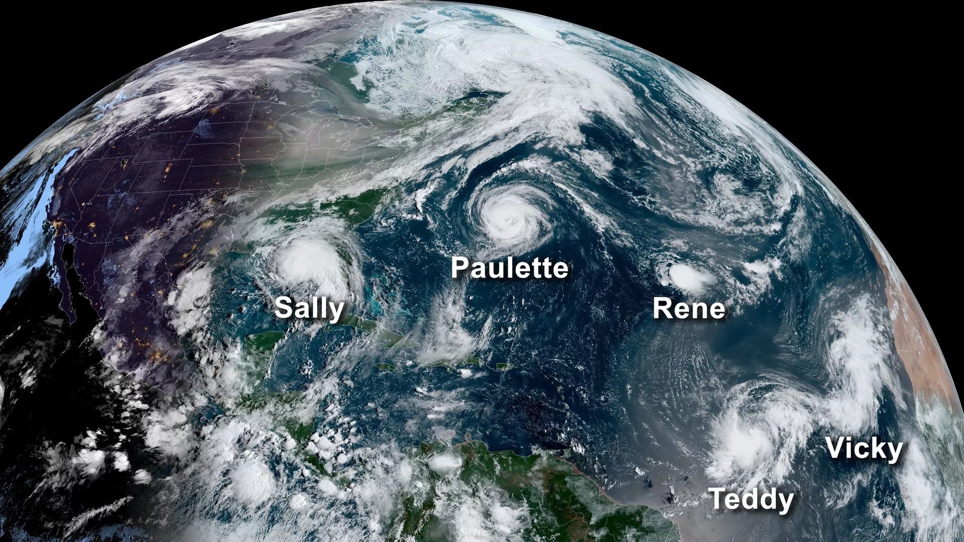 NOAA satellite image from Sept. 14, 2020, shows five named tropical cyclones spinning in the Atlantic. (NOAA)