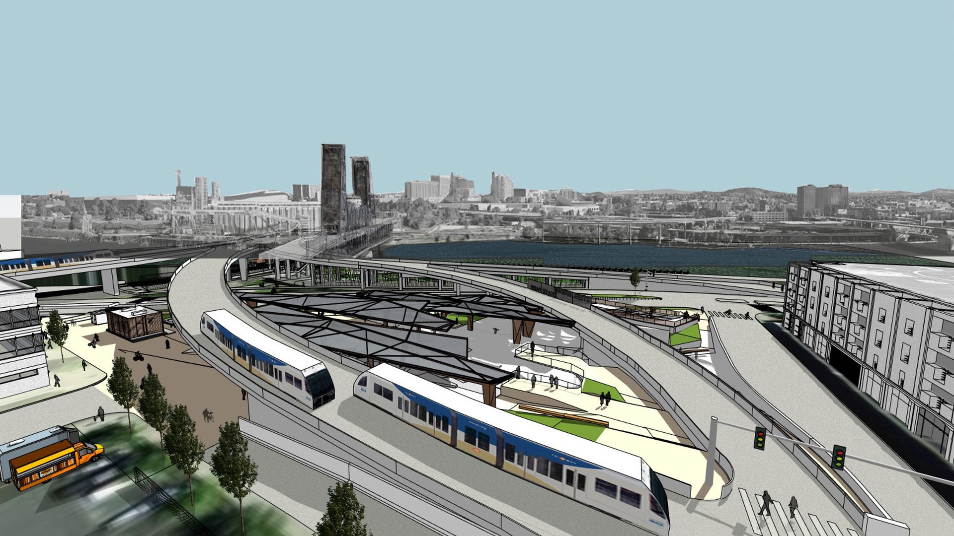Digital illustration of a modern urban transit station with two blue and white trains on elevated tracks, pedestrians, an orange bus, green landscaping, and a cityscape with a river in the background.