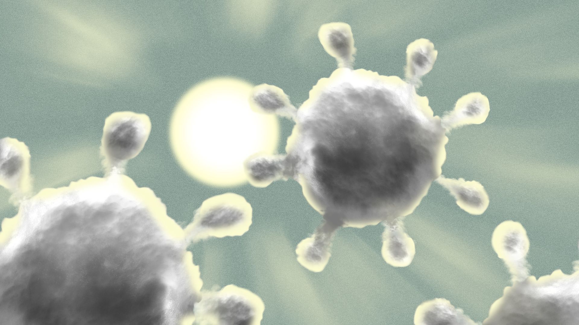 Illustration of the sun shining through coronavirus-shaped clouds.