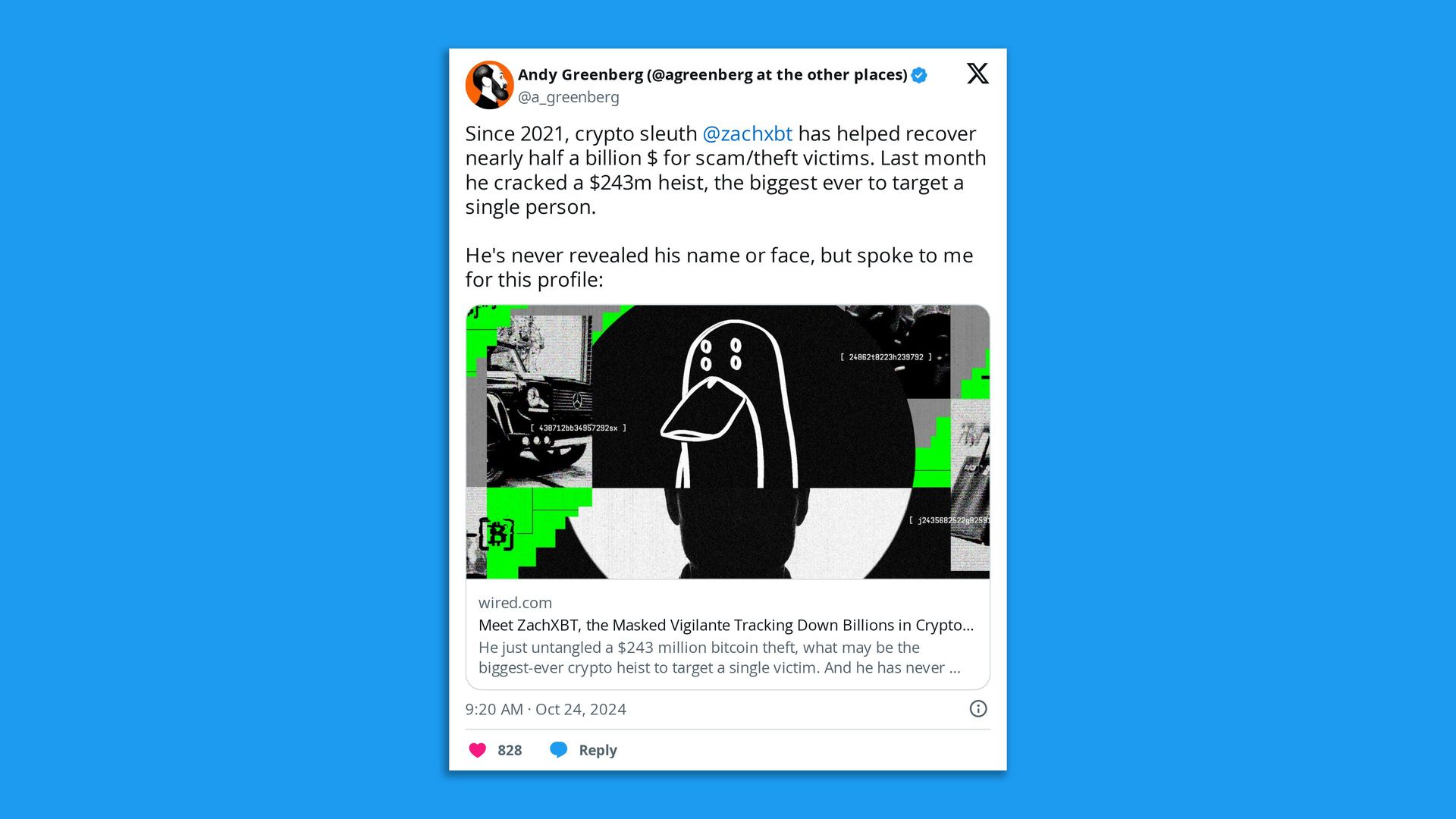 Screenshot of a tweet that reads, "Since 2021, crypto sleuth  @zachxbt  has helped recover nearly half a billion $ for scam/theft victims."