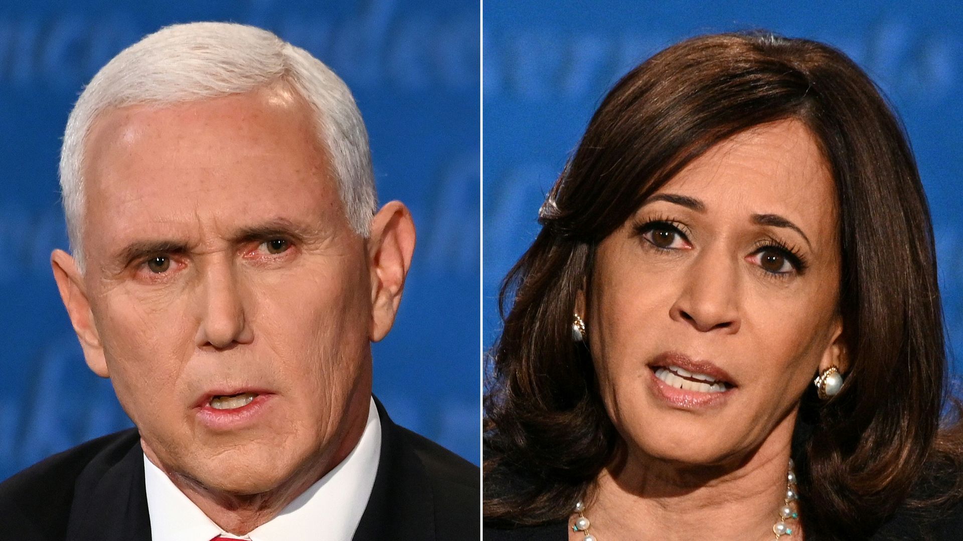 A split screen of Mike Pence and Kamala Harris at the vice presidential debate