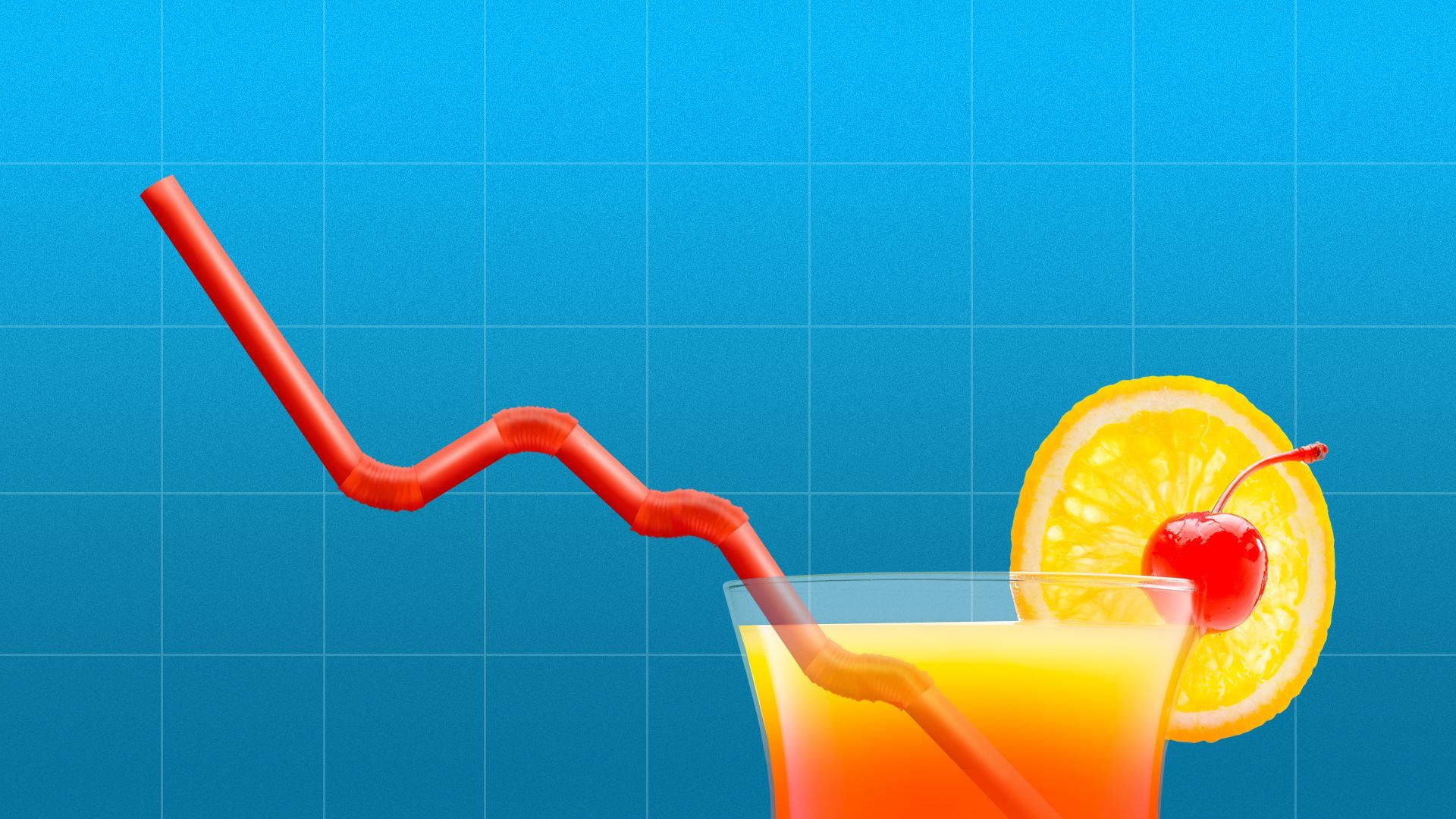 Illustration of a cocktail with a straw shaped like a downward trend line on a chart