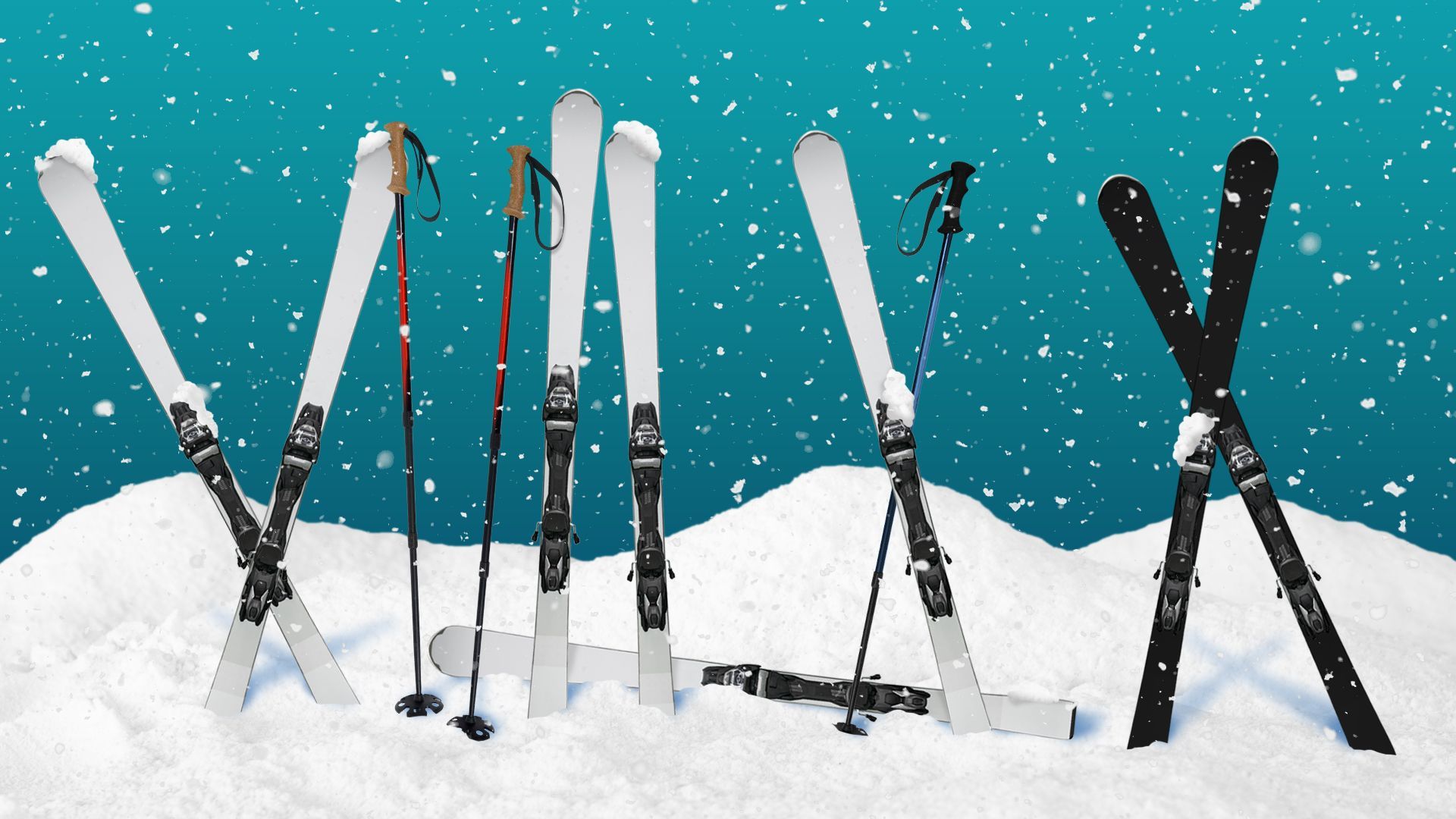 Illustration of a line of white skis ain a snowbank with one one pair of black skis