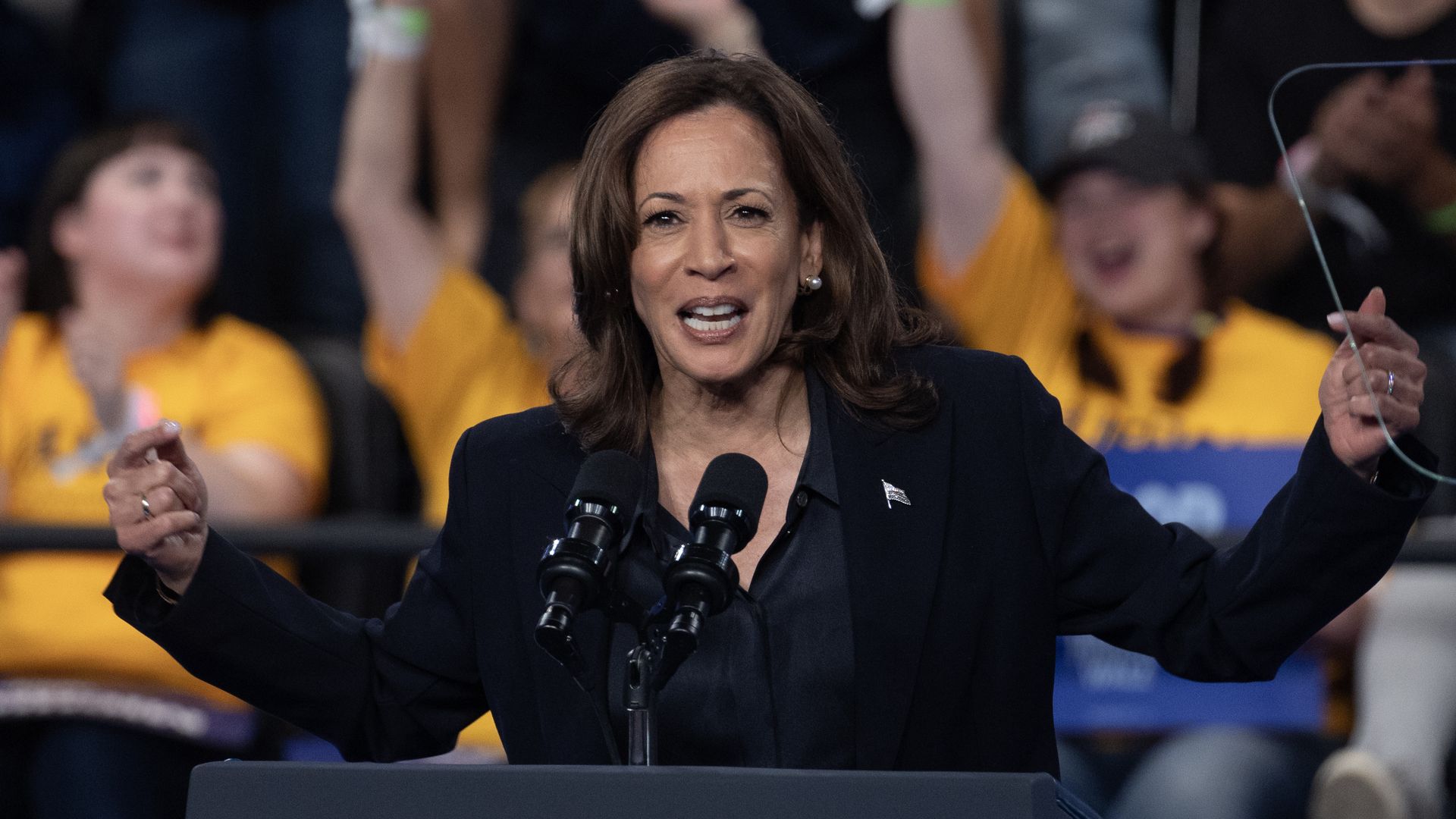 Kamala Harris speaks during a rally at the Dort Financial Center on October 04, 2024 in Flint, Michigan