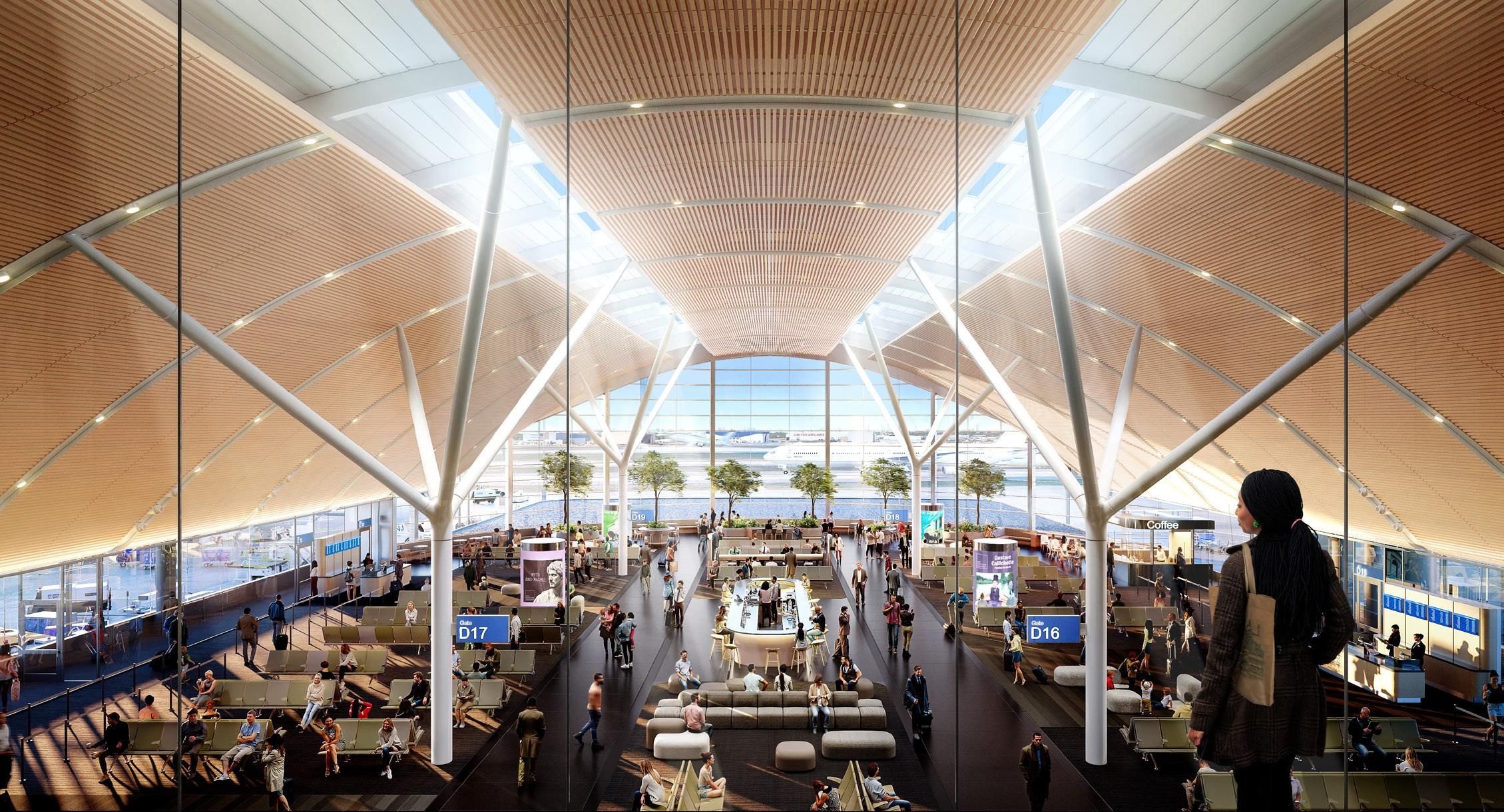 Spacious airport terminal with high wooden ceiling, large windows, people sitting and walking, seating areas, and gate signs D16 and D17, framed by white structural beams.