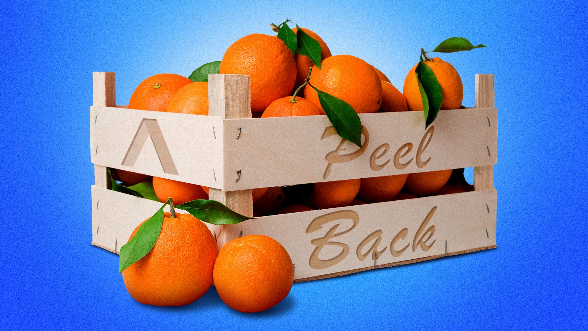 Illustration of a crate of oranges that features the Axios logo and the words "Peel Back"