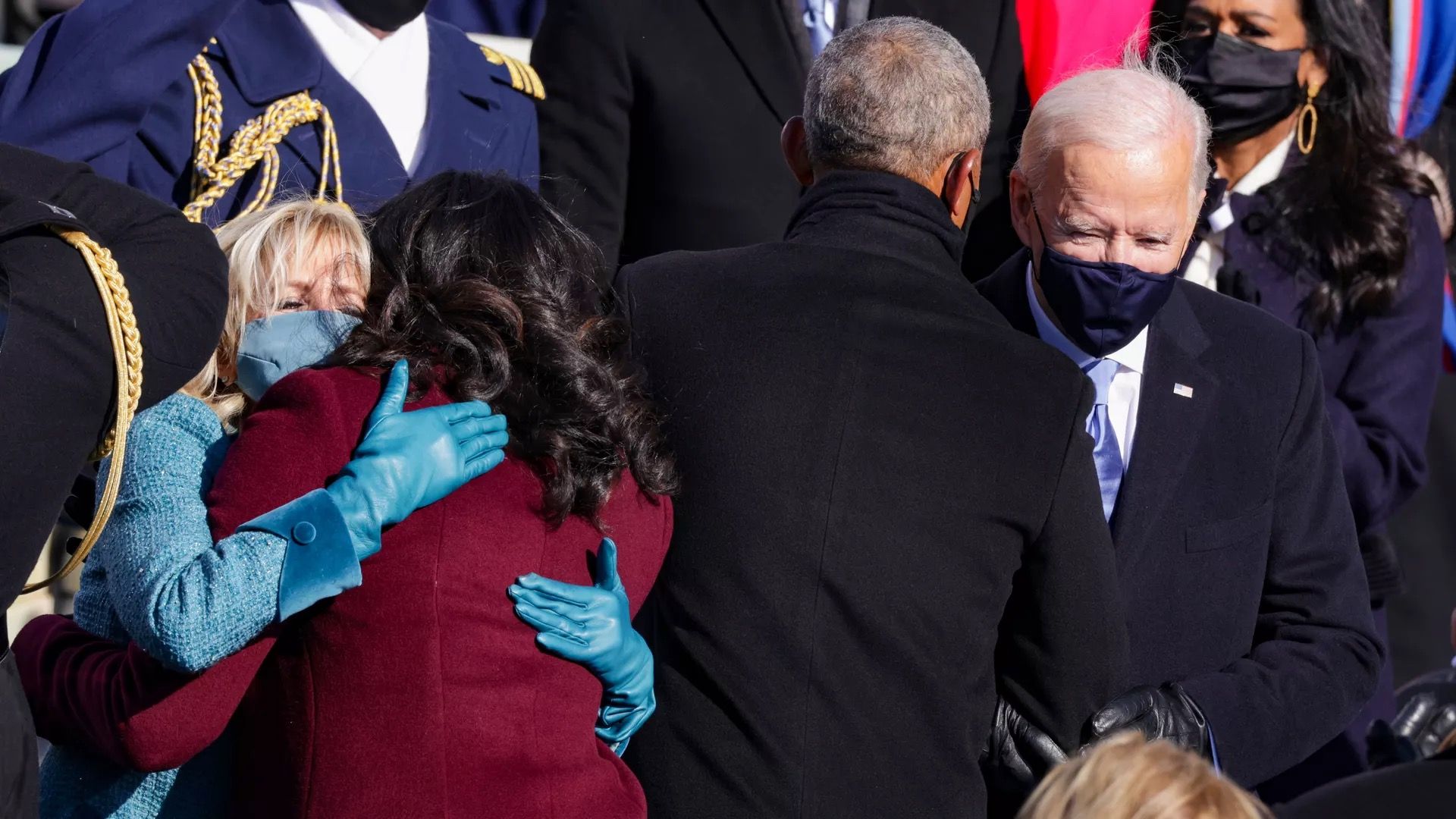 First Lady Jill Biden is seen hugging Michelle Obama on Inauguration Day 2021.
