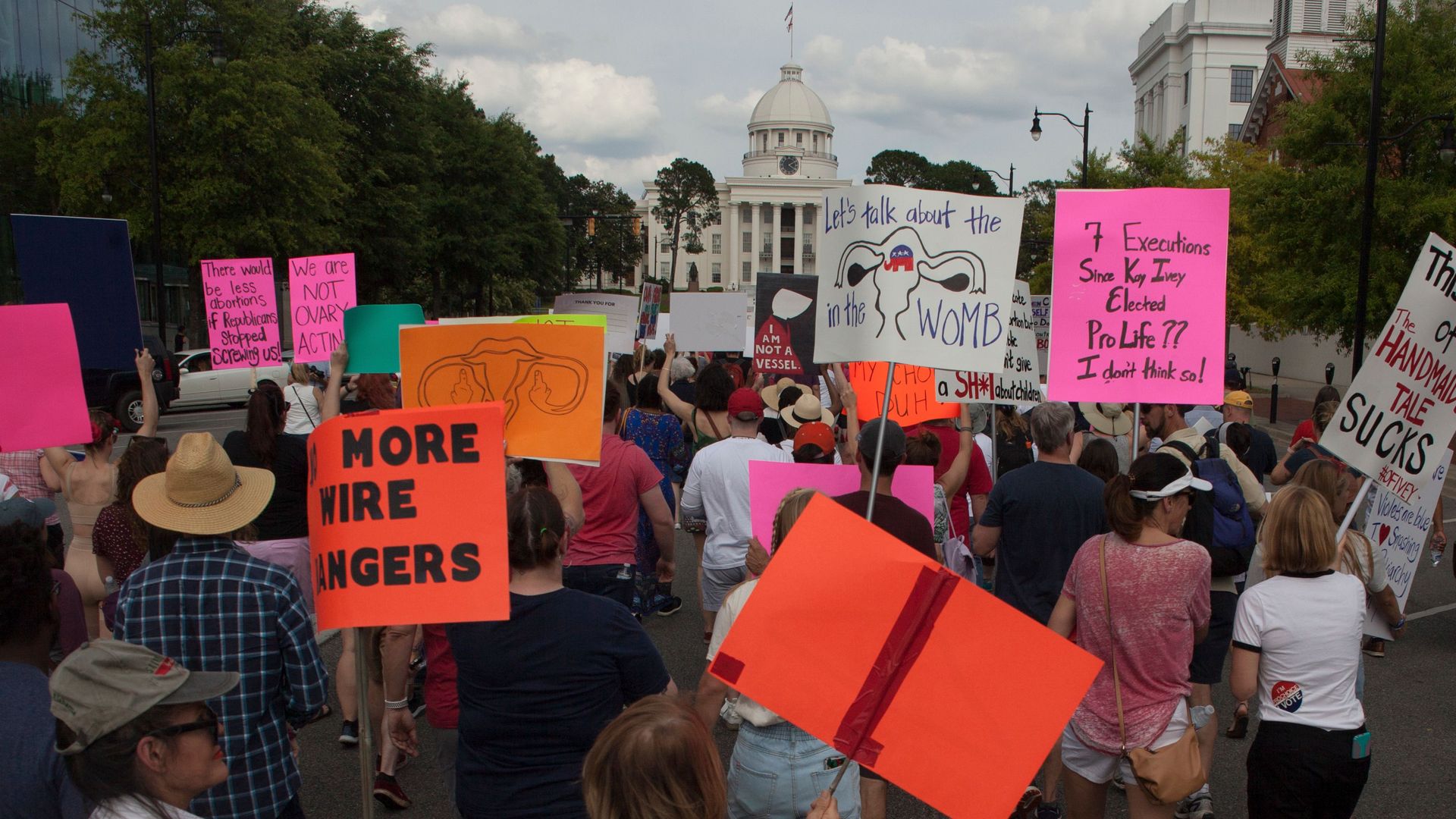Pro-Choice protesters march toward the State Capital building during the March For Reproductive freedom in Montgomery, Alabama May 19,2019