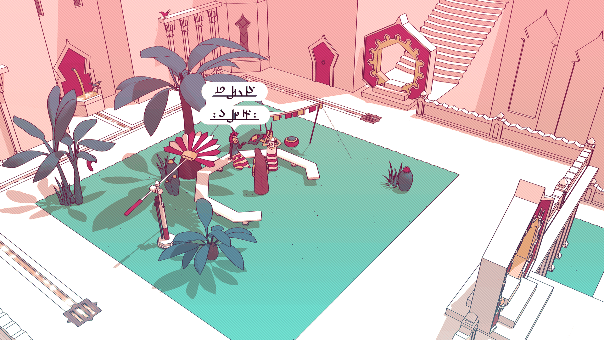 Video game screenshot of a robed character talking to another who has two speech bubbles filled with untranslated glyphs above their head