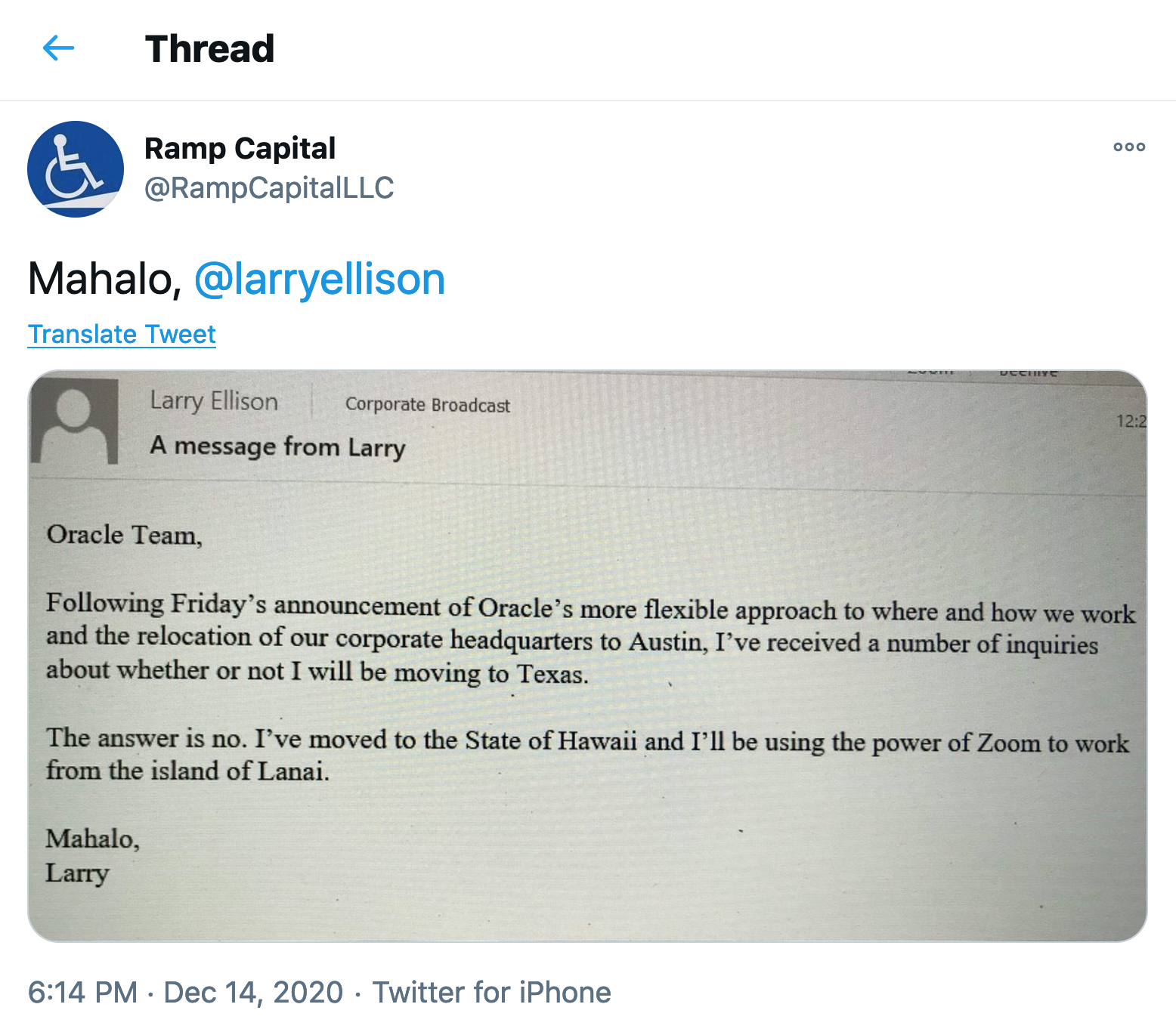 A screenshot of a tweet by Ramp Capital showing a photo of Oracle CEO Larry Ellison's email to staff.