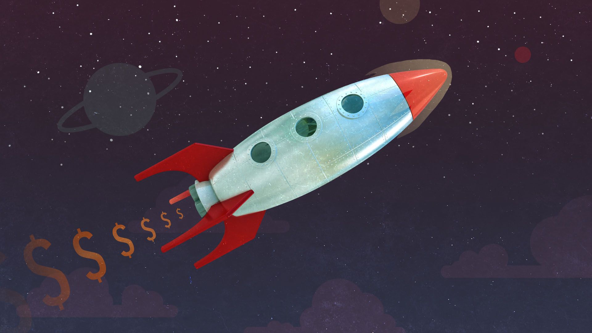 Illustration of a rocket emitting dollar signs 