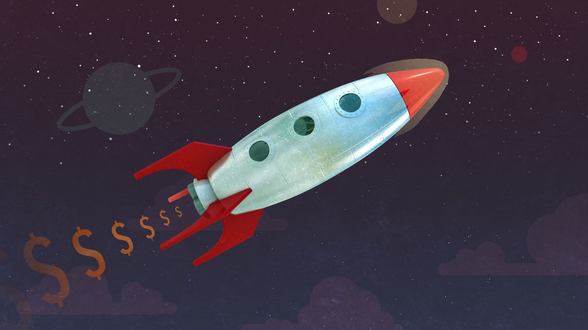 Illustration of a rocket emitting dollar signs
