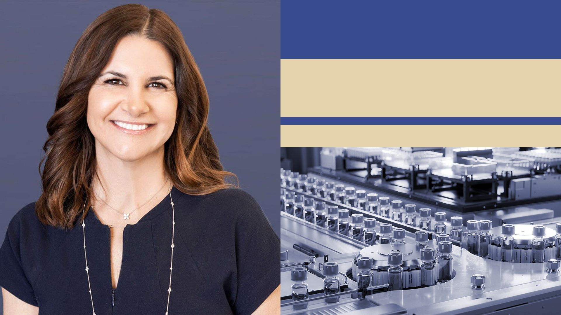 Photo illustration of AbbVie SVP of Corporate Affairs Tracie Haas beside various shapes and an image of vaccine bottles on an assembly line.