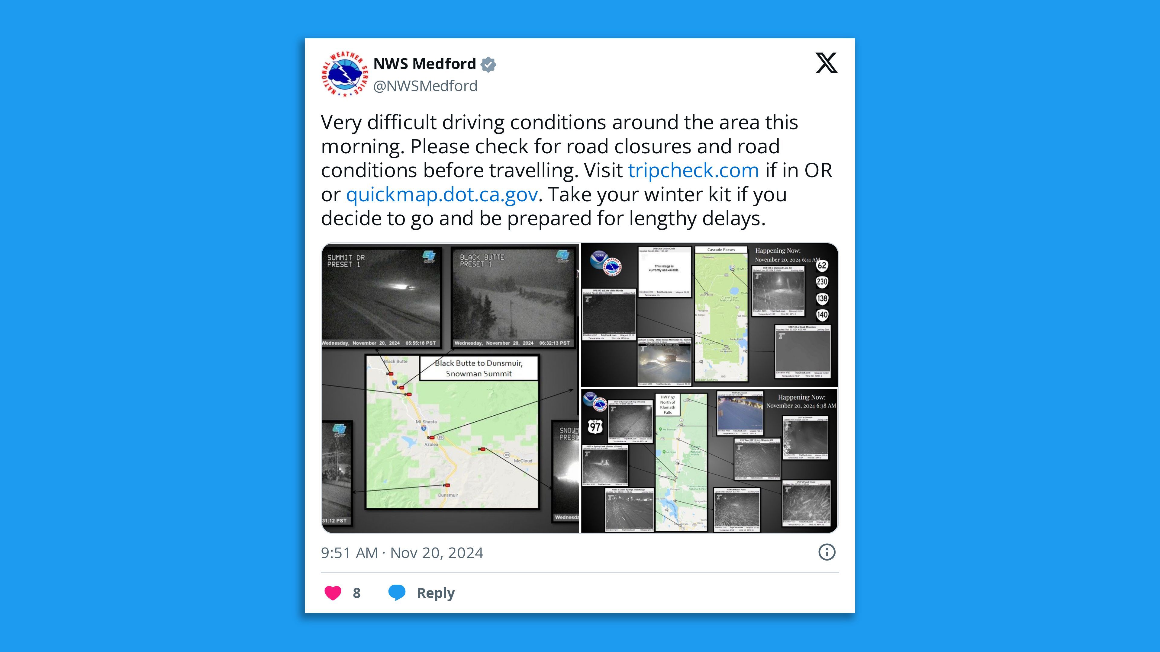 A screenshot of an NWS tweet showing traffic cam images of snowy roads, with the comment: "Very difficult driving conditions around the area this morning. Please check for road closures and road conditions before travelling."