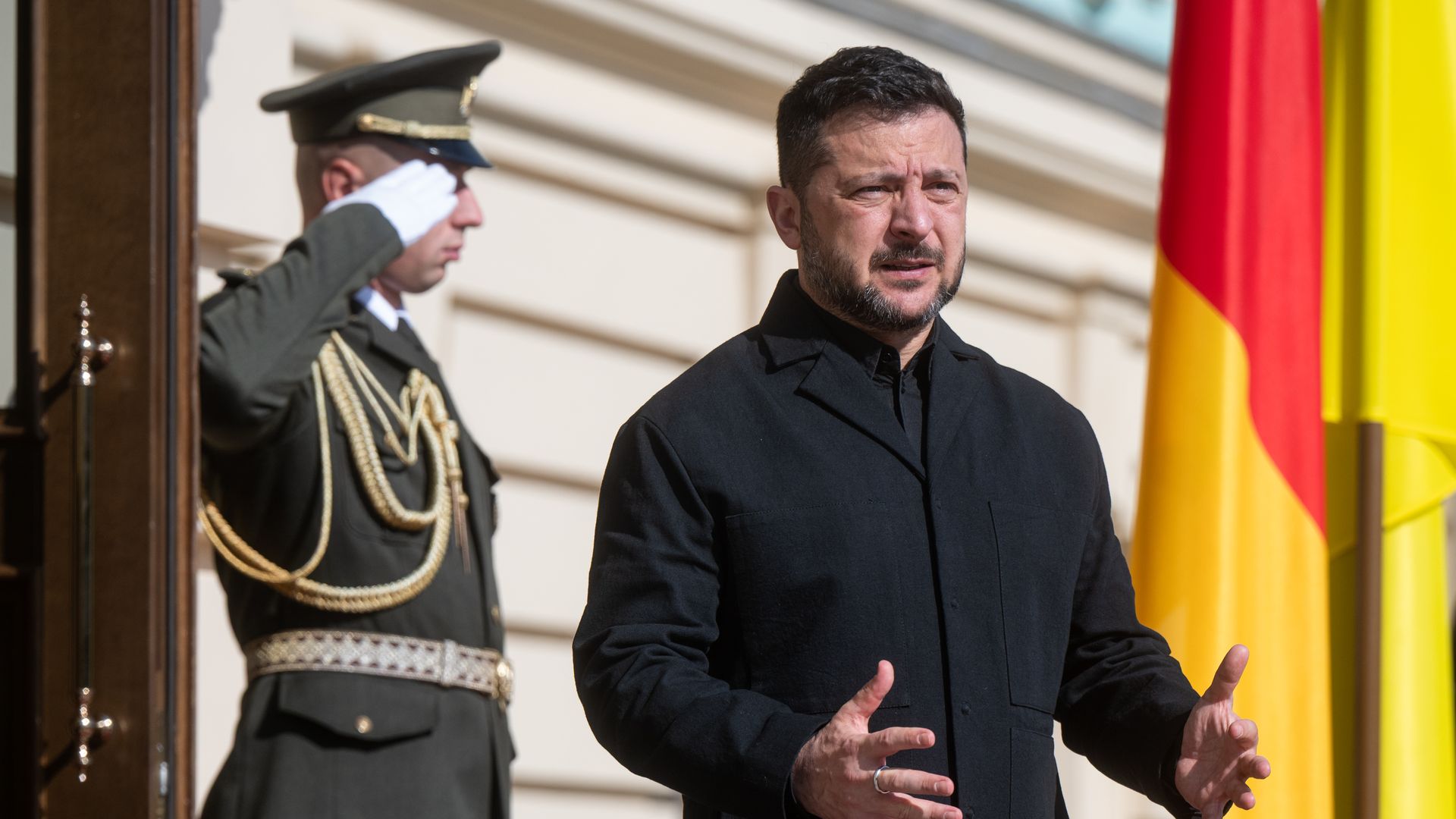 Ukrainian President Volodymyr Zelenskyi attends a meeting with German Chancellor Friedrich Merz in Kyiv on Oct. 4 2026.