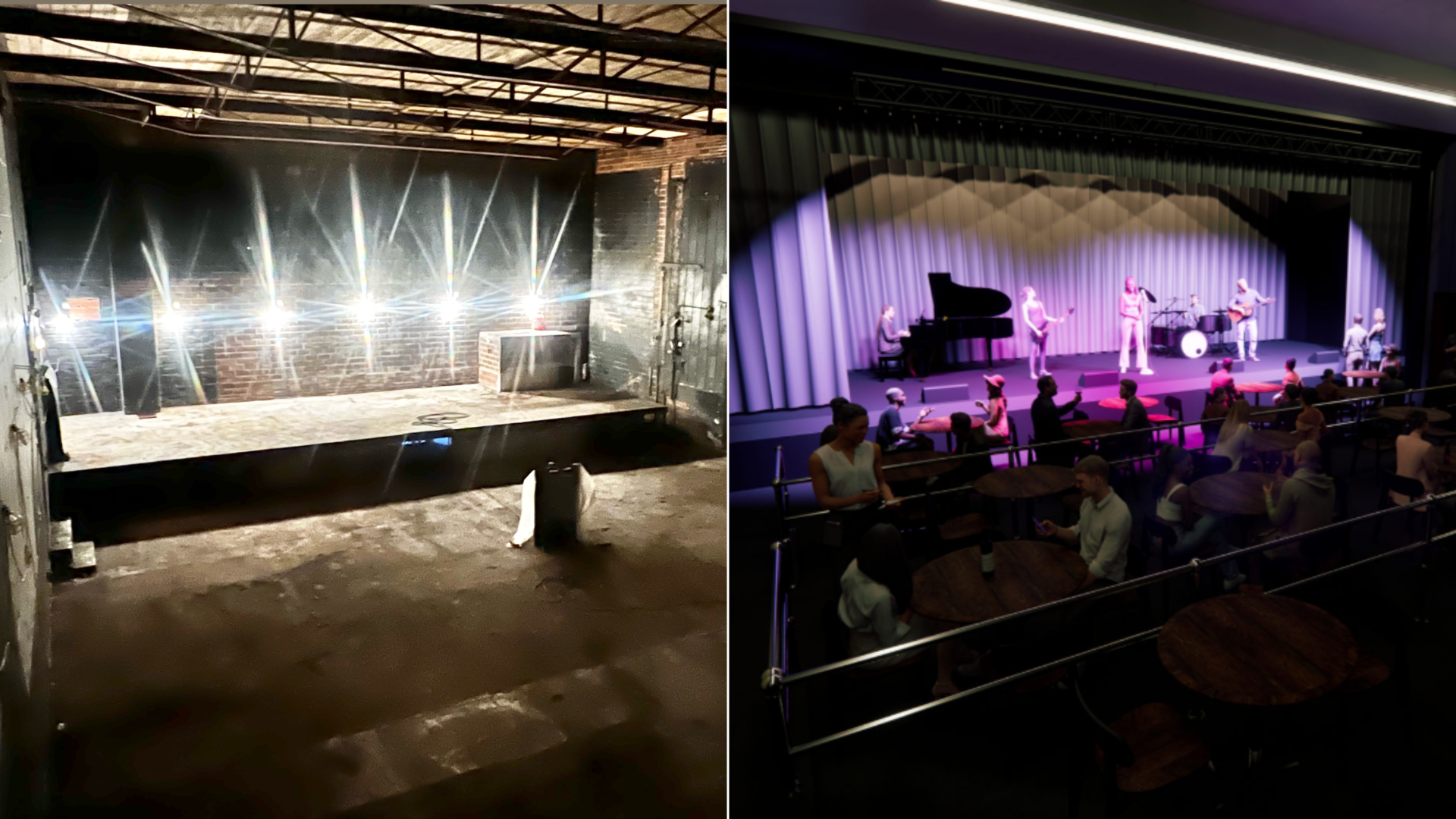 A photo of the inside of the Ingersoll theater and an artists' rendering of what it might look like after renovation.
