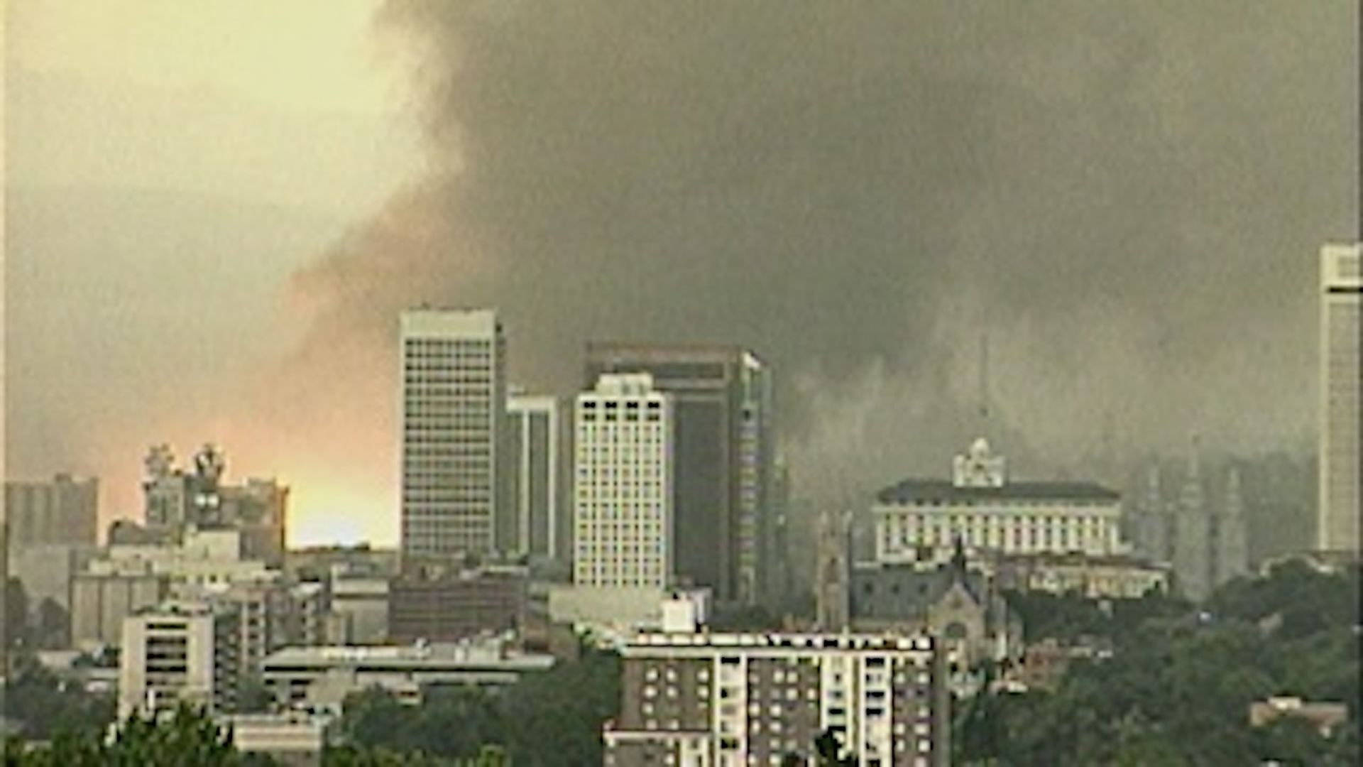 A photo of a power substation exploding as a tornado hits downtown Salt Lake City on Aug. 11, 1999. Photo: Courtesy of the National Weather Service