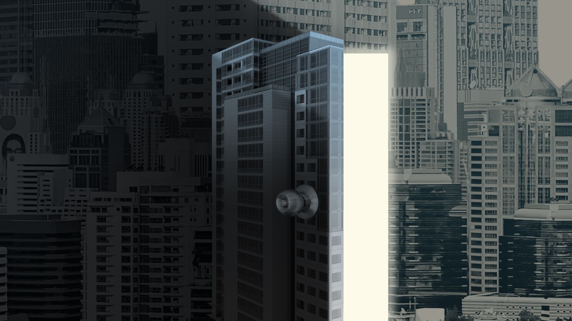 Illustration of a city skyline with one building as an open door