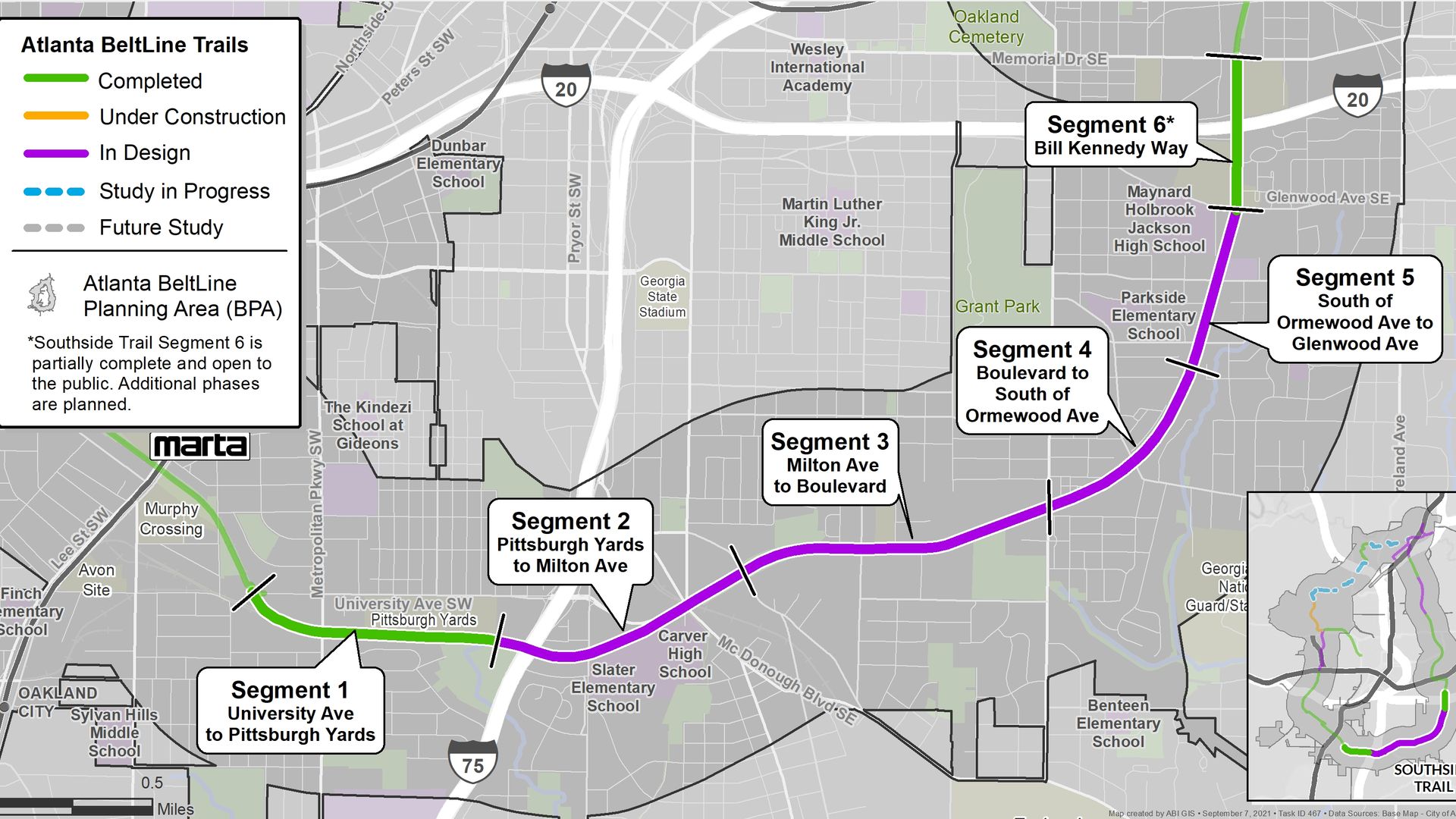 A map of the Beltline's Southside Trail and the segments that would be built with new federal funding