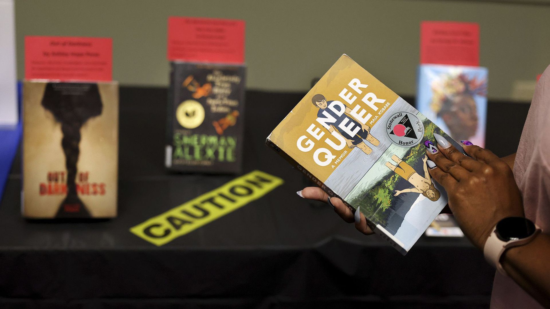 Gender Queer: A Memoir by Maia Kobabe, is one of the banned and challenged books on display during Banned Books Week 2022 at the Lincoln Belmont branch of the Chicago Public Library on Sept. 22. (Chris Sweda/Chicago Tribune/Tribune News Service via Getty Images)