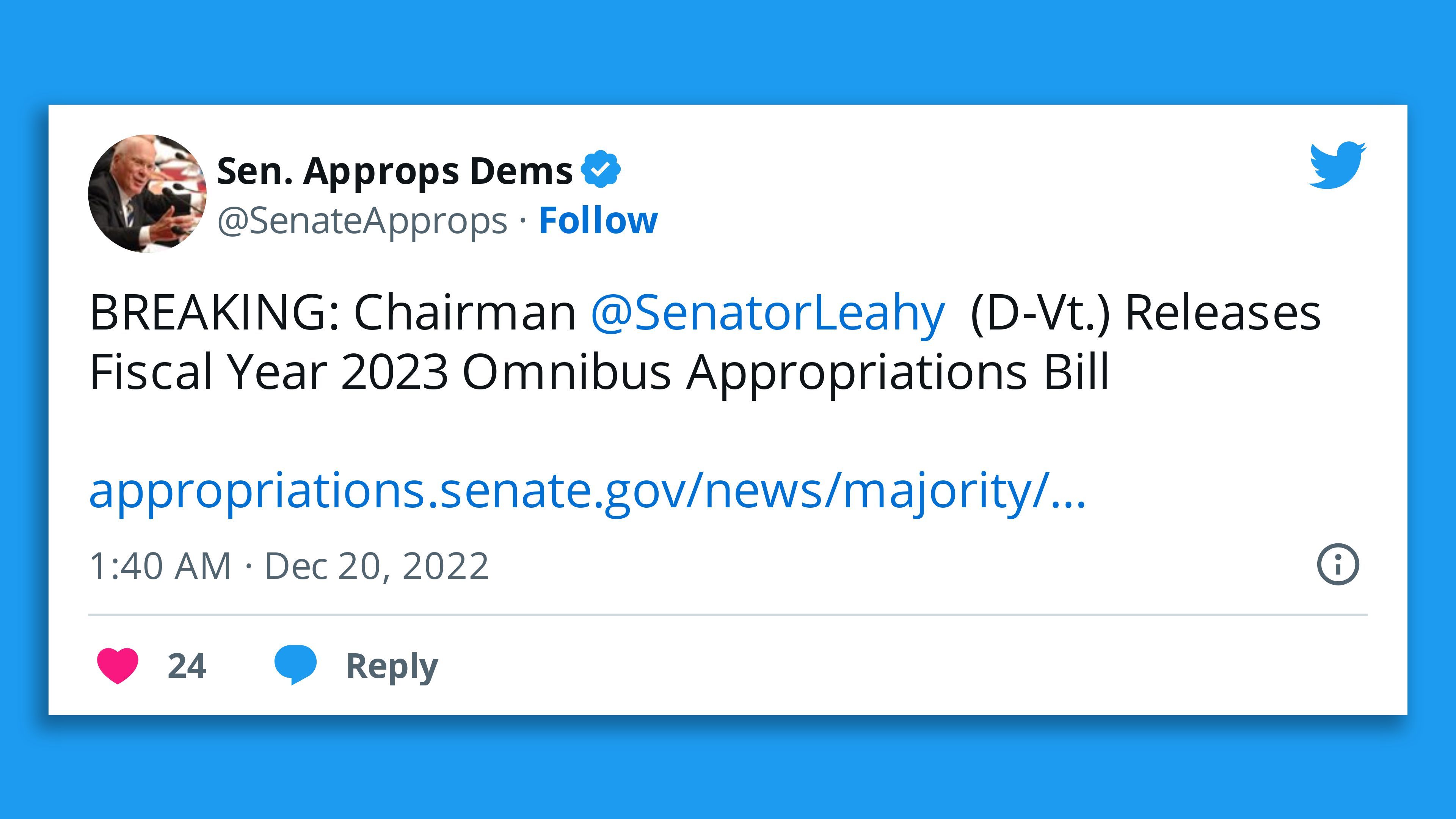 A tweet from the Senate Appropriations Democrats announcing the spending package deal.