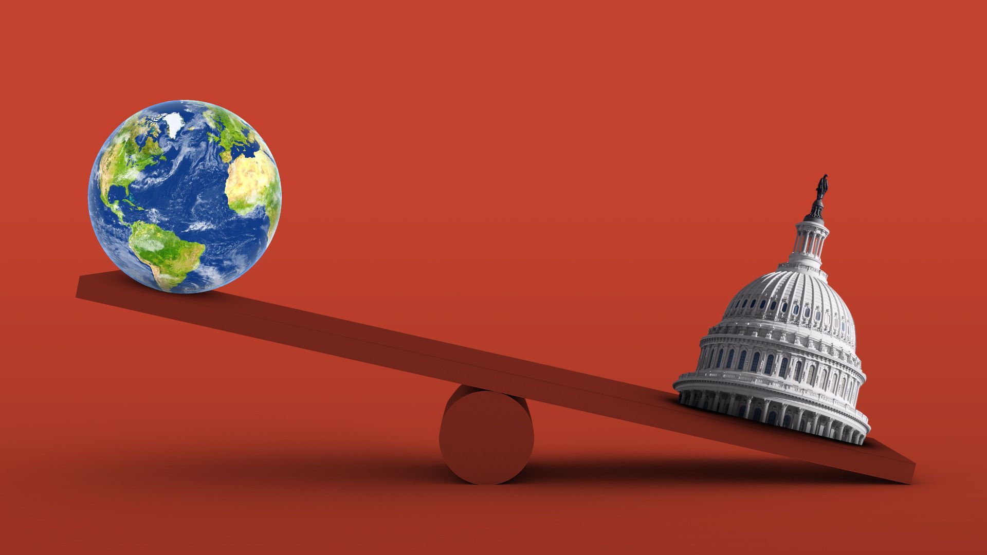 Illustration of a seesaw with the capitol dome weighing more and the Earth on the opposite side weighing less.  