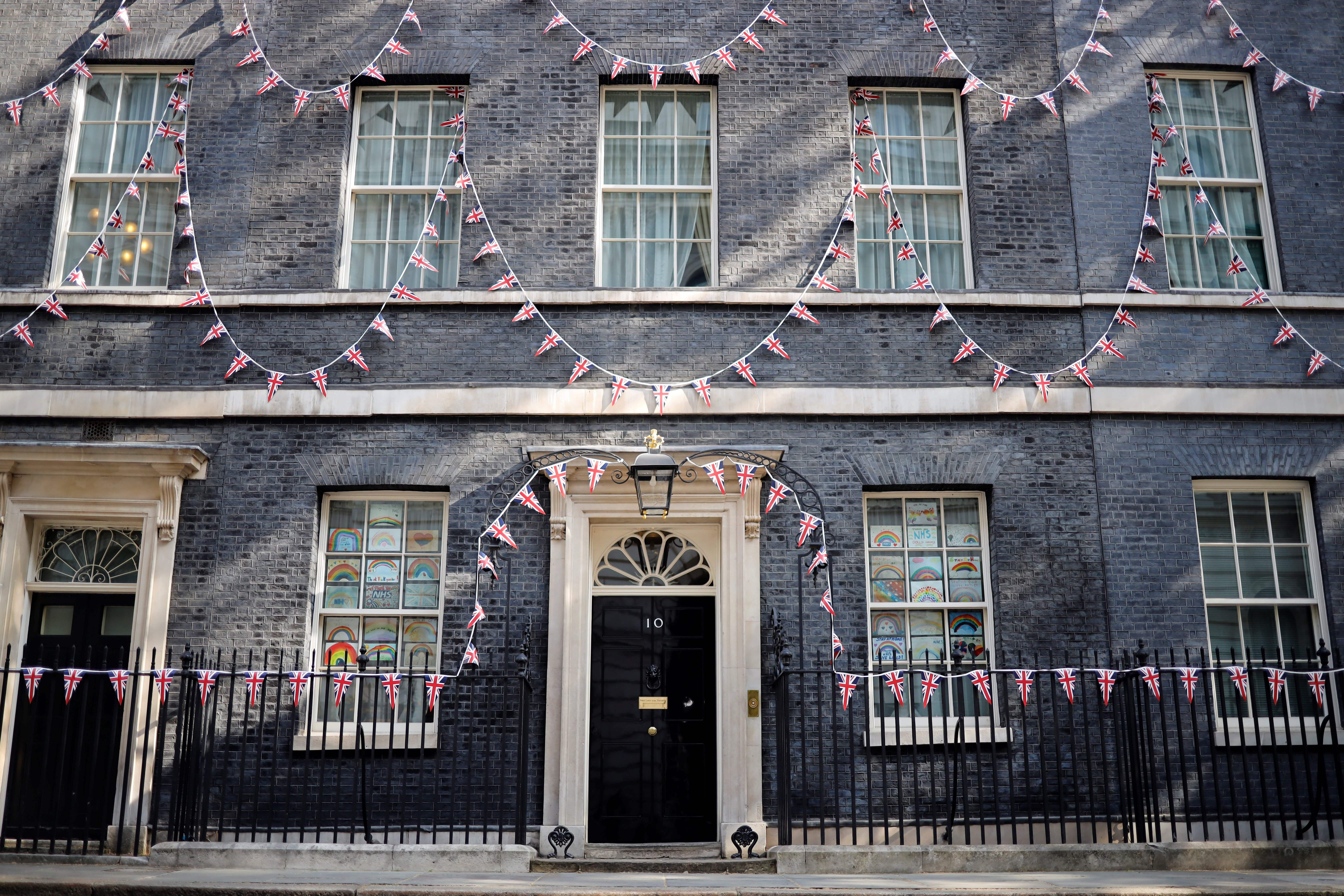 Bunting covers the facade of Downing street