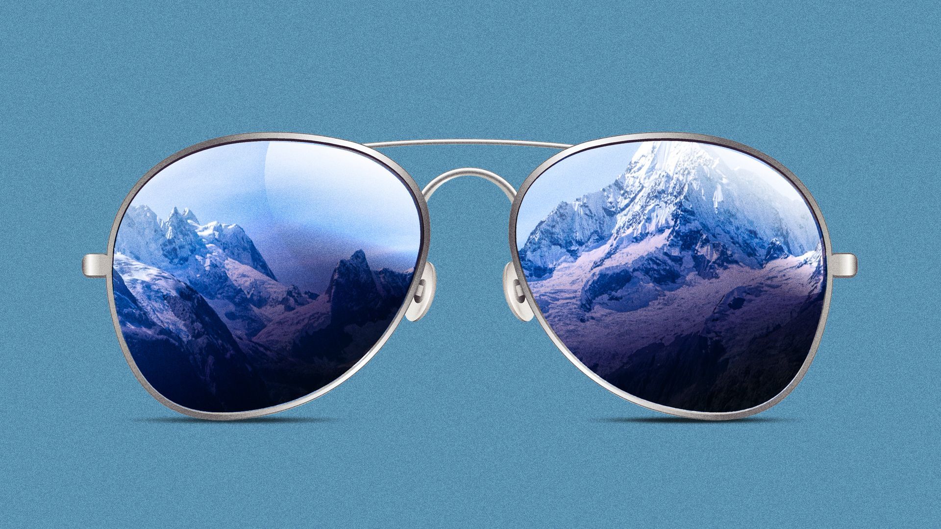 Illustration of aviator sunglasses with Alaskan mountains reflected in the lenses. 