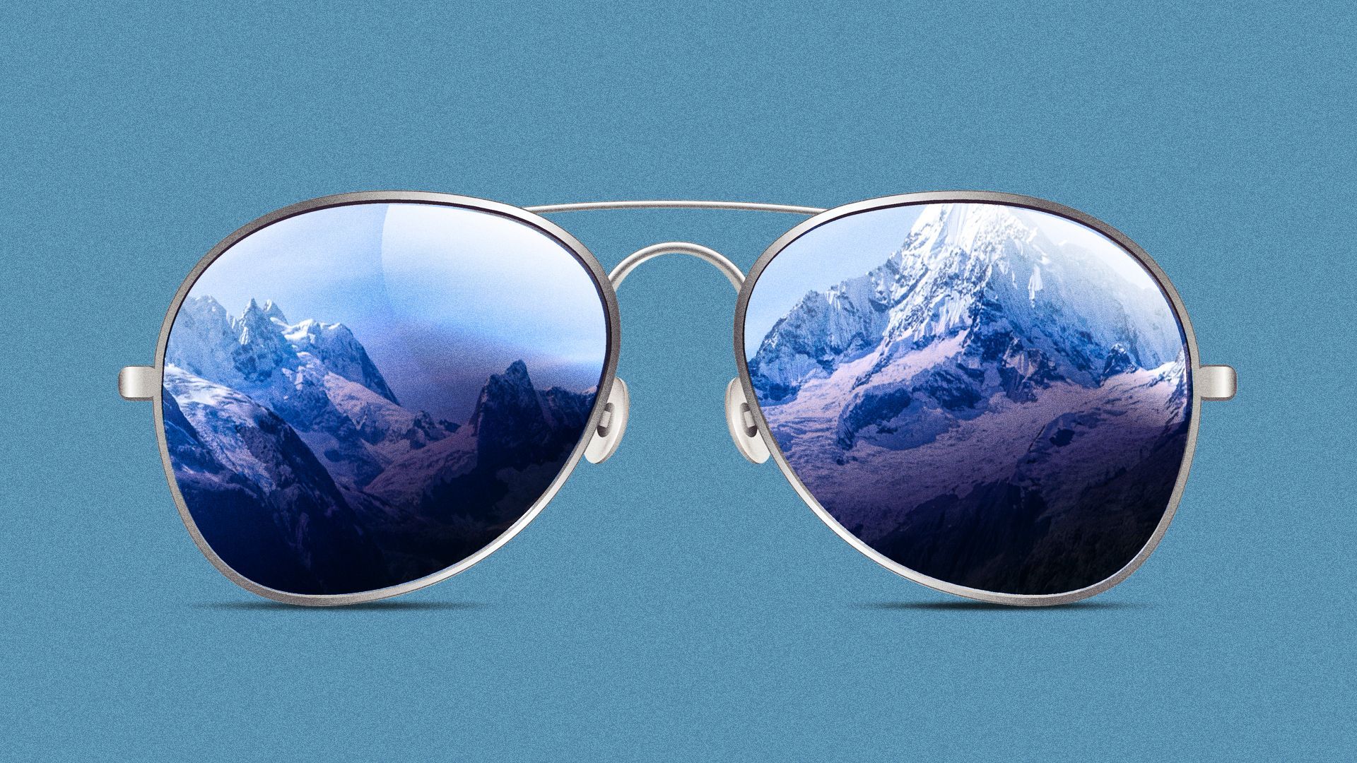 Illustration of aviator sunglasses with Alaskan mountains reflected in the lenses.