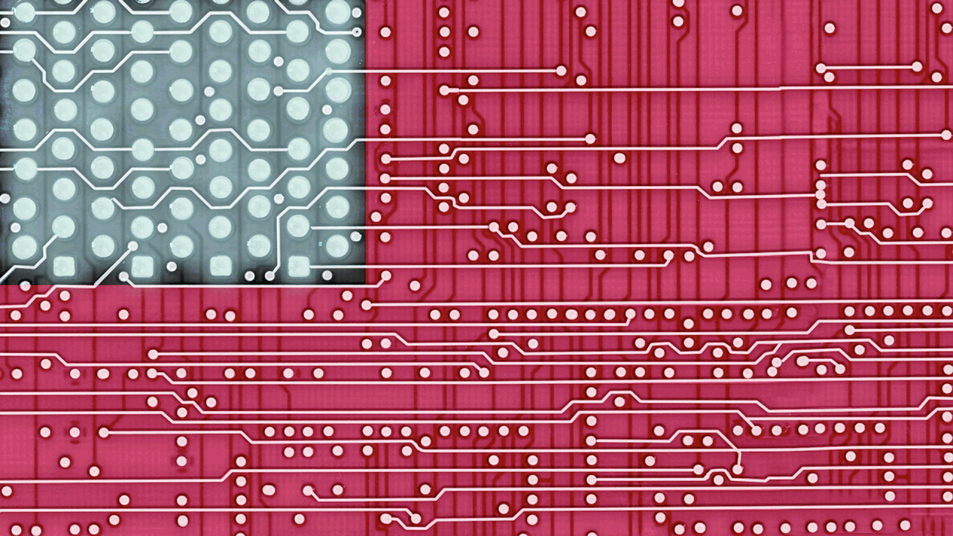 Animated illustration of a circuit board in the shape of an American flag lighting up and then shutting down.