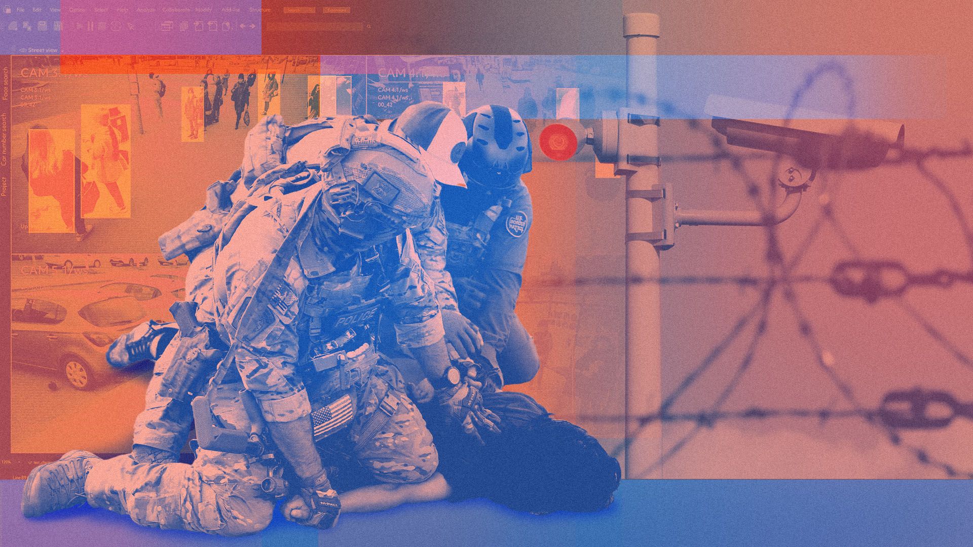 Photo illustration of surveillance technology including cameras and facial recognition software  with police forces detaining a person in the foreground 